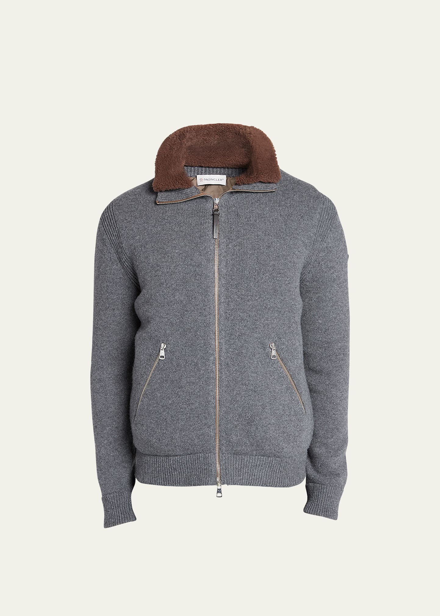 MONCLER MEN'S CASHMERE ZIP-FRONT CARDIGAN WITH SHEARLING COLLAR