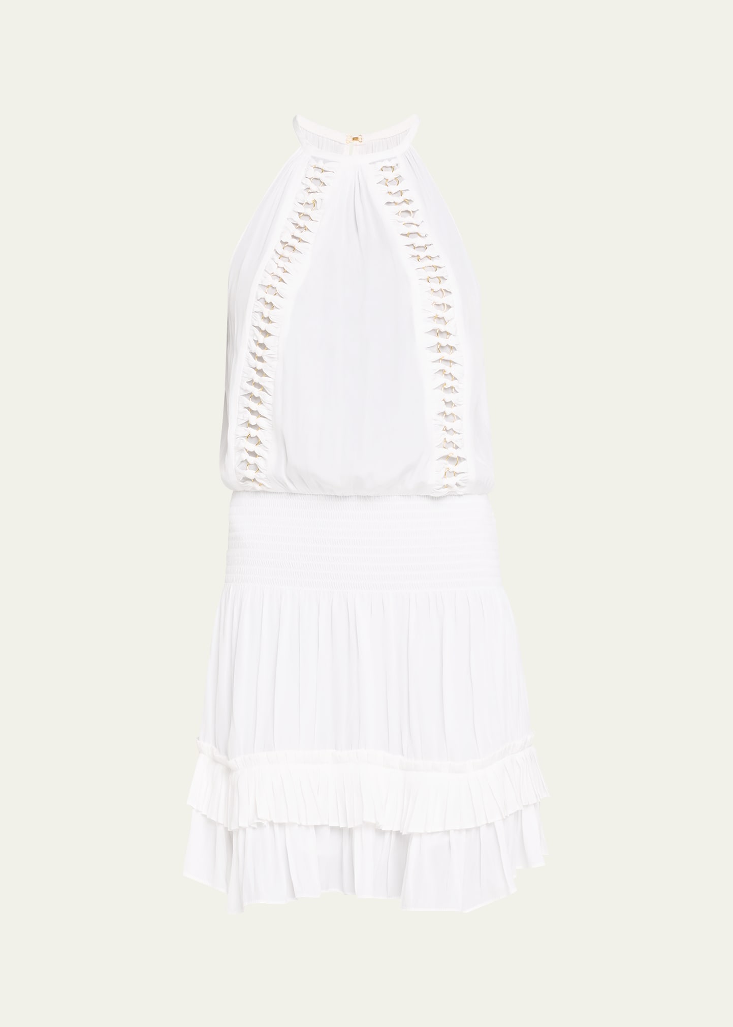 Shop Ramy Brook Delfina Embellished Smocked Halter Mini Dress In Ivory