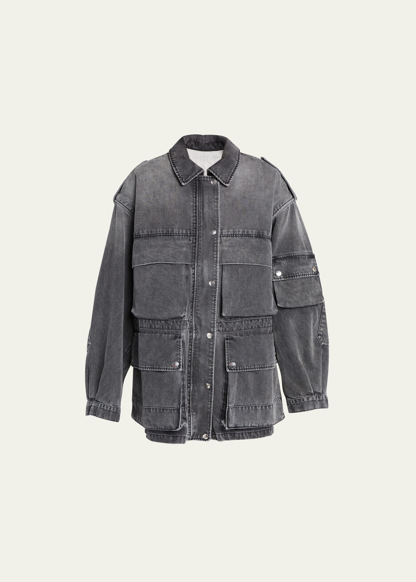 Isabel Marant Elize Denim Utility Jacket With Patch Pockets In Faded Black