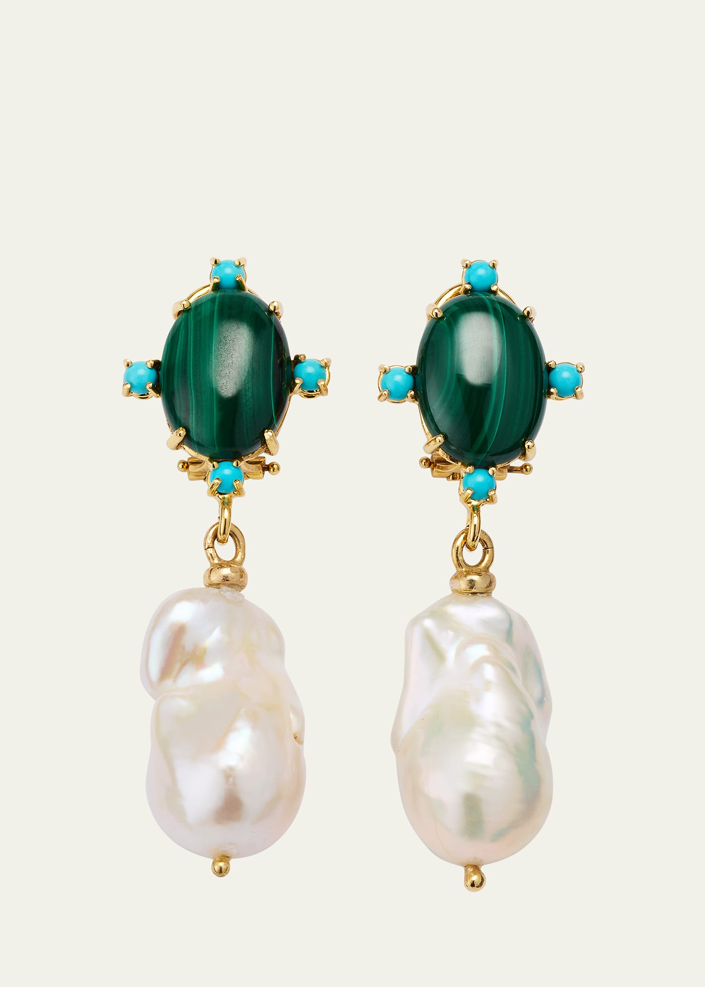 Stone and Pearl Earrings with Malachite and Turquoise Colored Resin