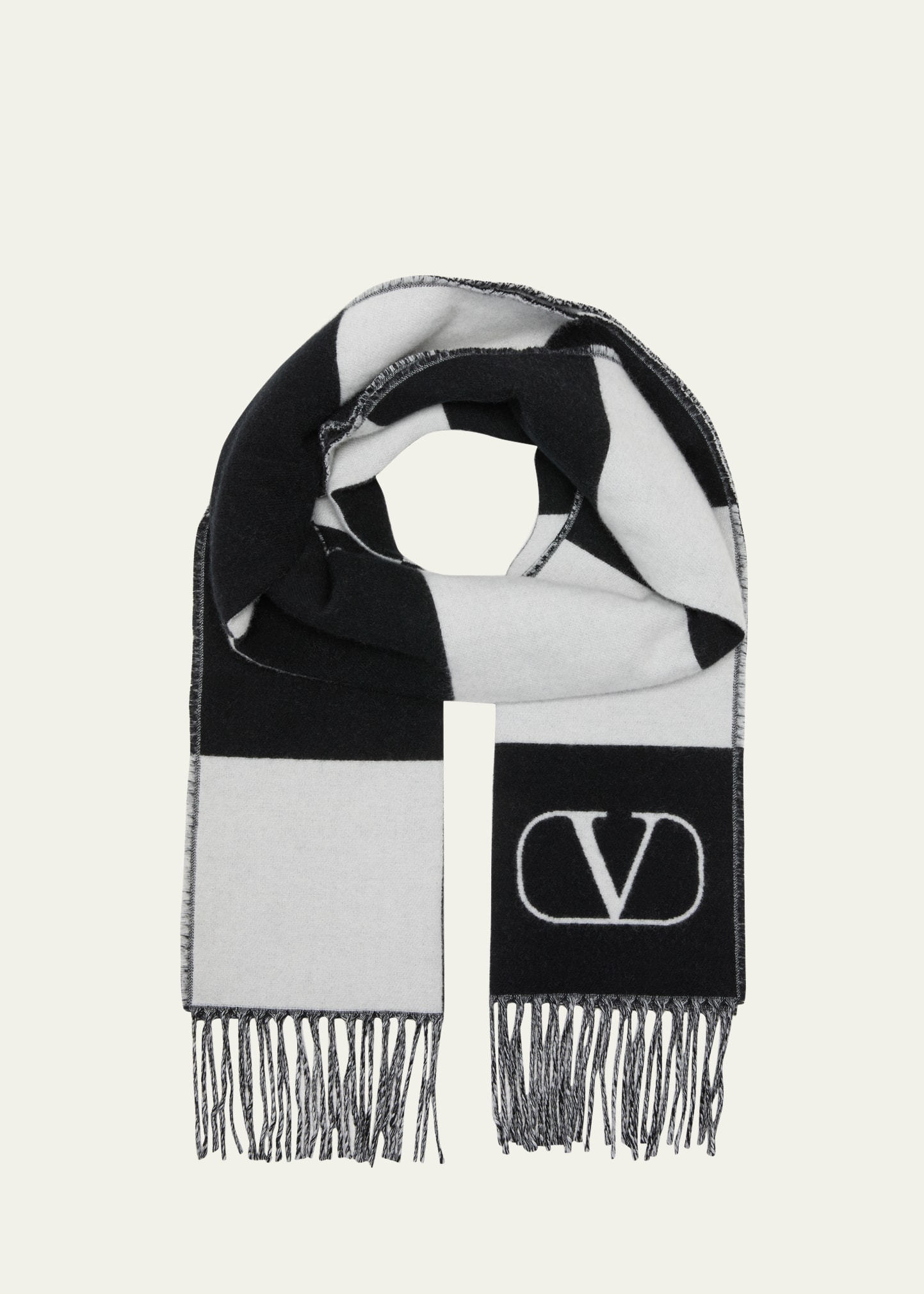 Shop Valentino Stripe Wool-cashmere Scarf In 0an Avorio Nero