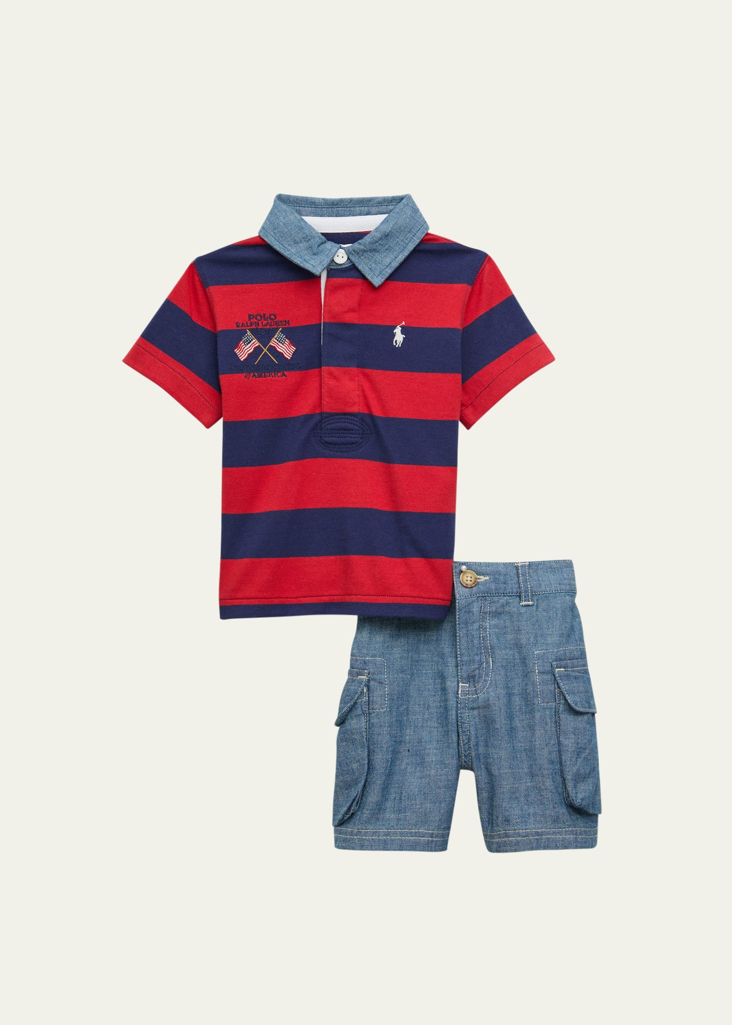 Ralph Lauren Kids' Boy's Embroidered Rugby Shirt & Chambray Shorts Set In Evening Post Red