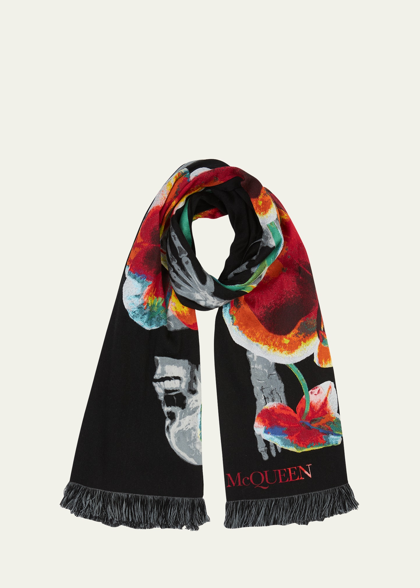 Alexander Mcqueen Orchid Skeleton Wool-blend Stole In Black