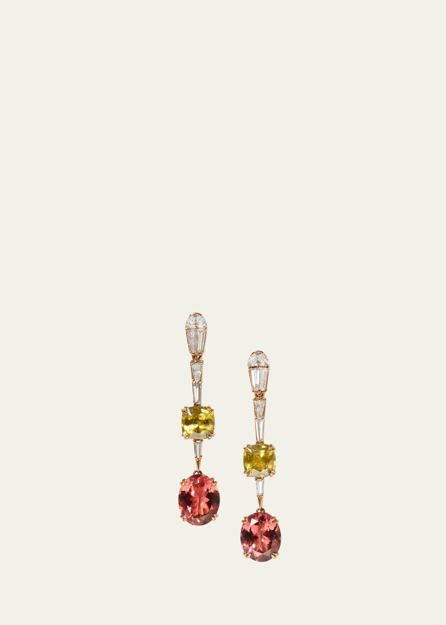 20K Recycled Rose Gold Dip Pendant Earrings with Diamonds, Pink Tourmaline and Sphene