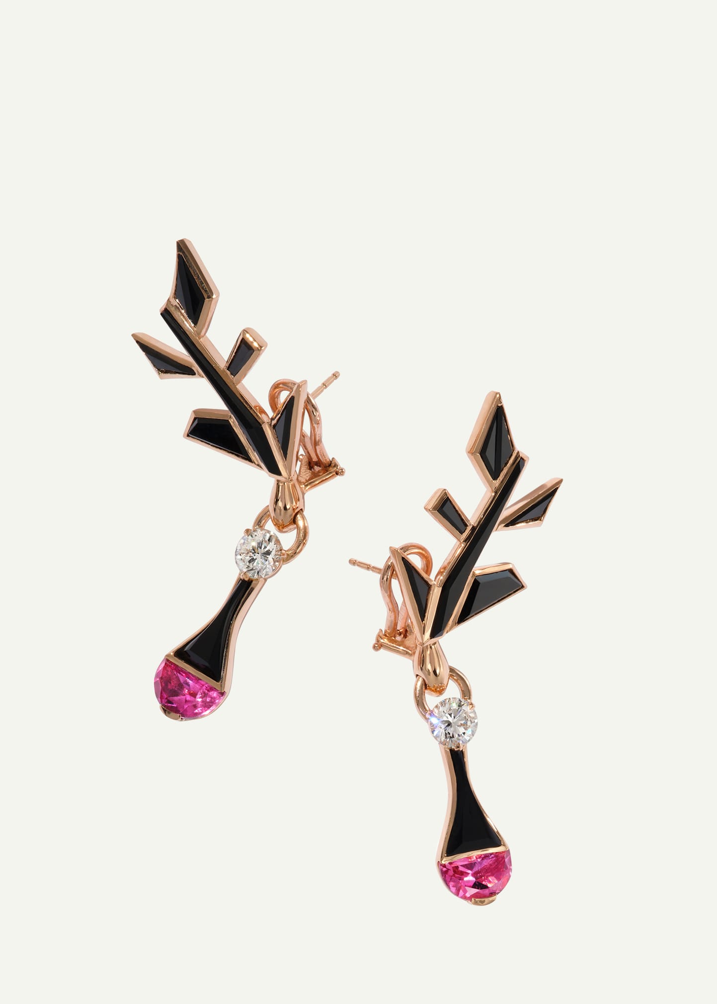 20K Rose Gold Quill Earrings with Diamonds, Rubellite and Black Spinel