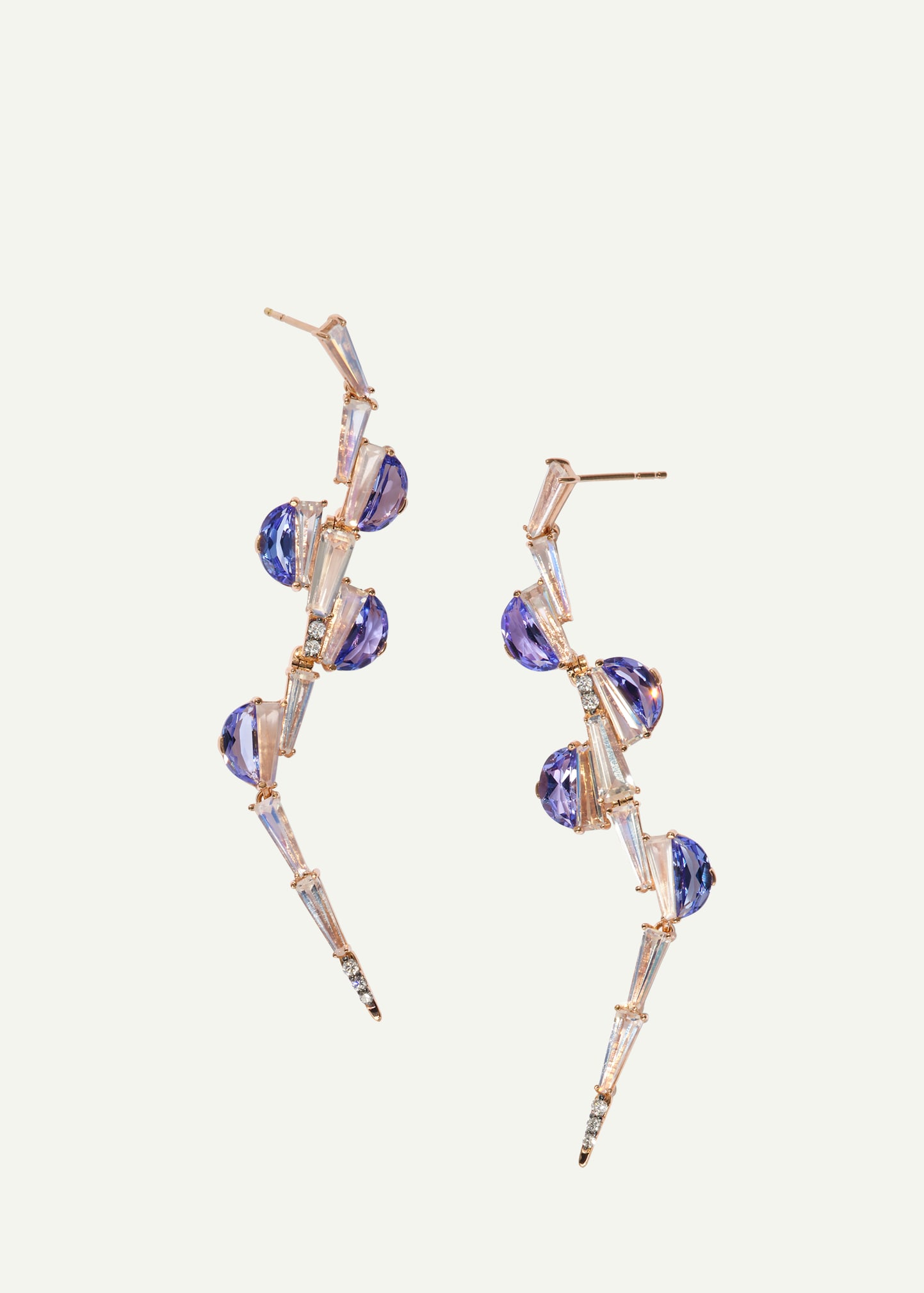 20K Rose Gold Switchback Earrings with Diamonds, Tanzanite and Rainbow Moonstone