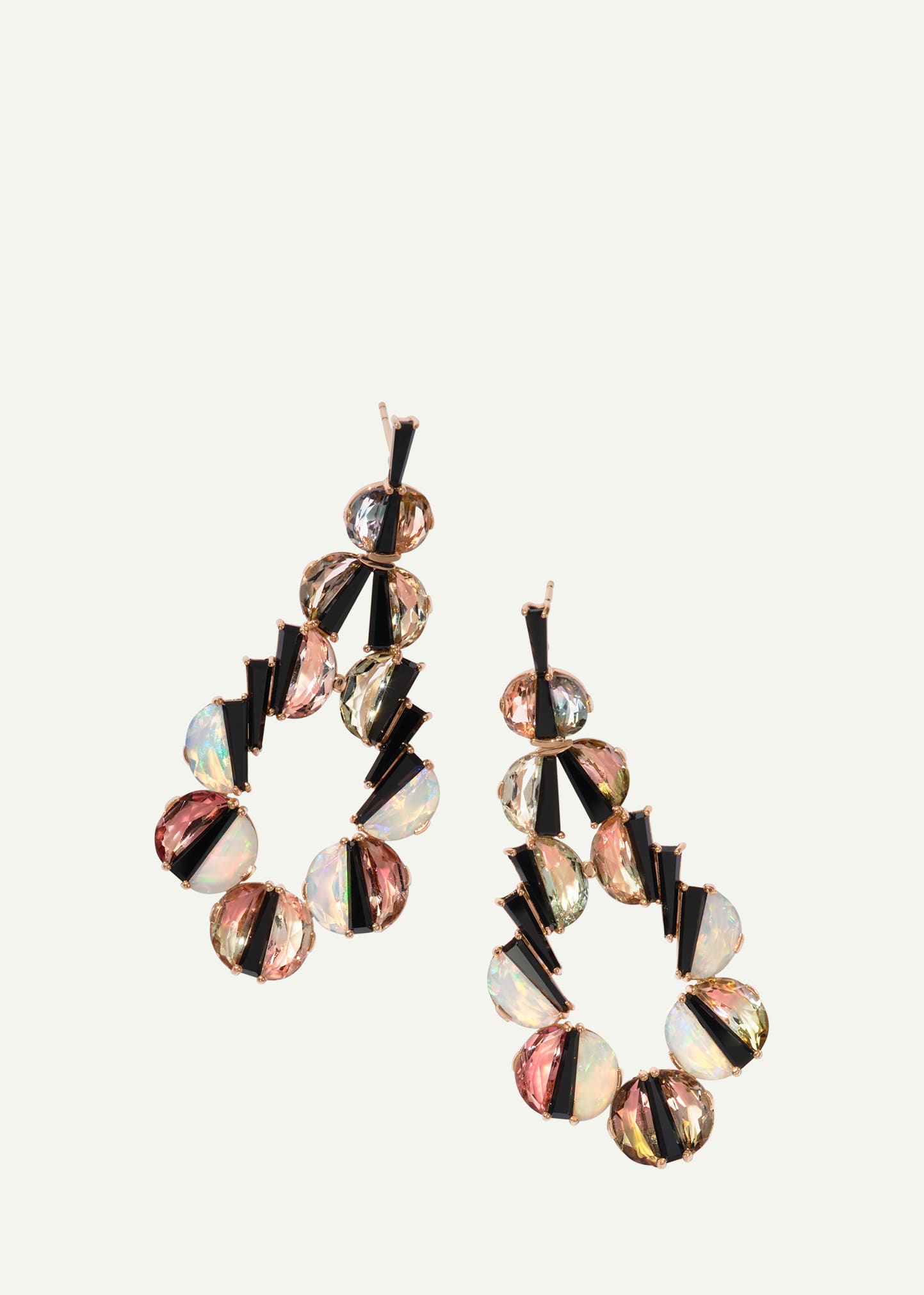 20K Rose Gold Torero Earrings with Bicolor Tourmaline, Black Spinel and Ethiopian Opal