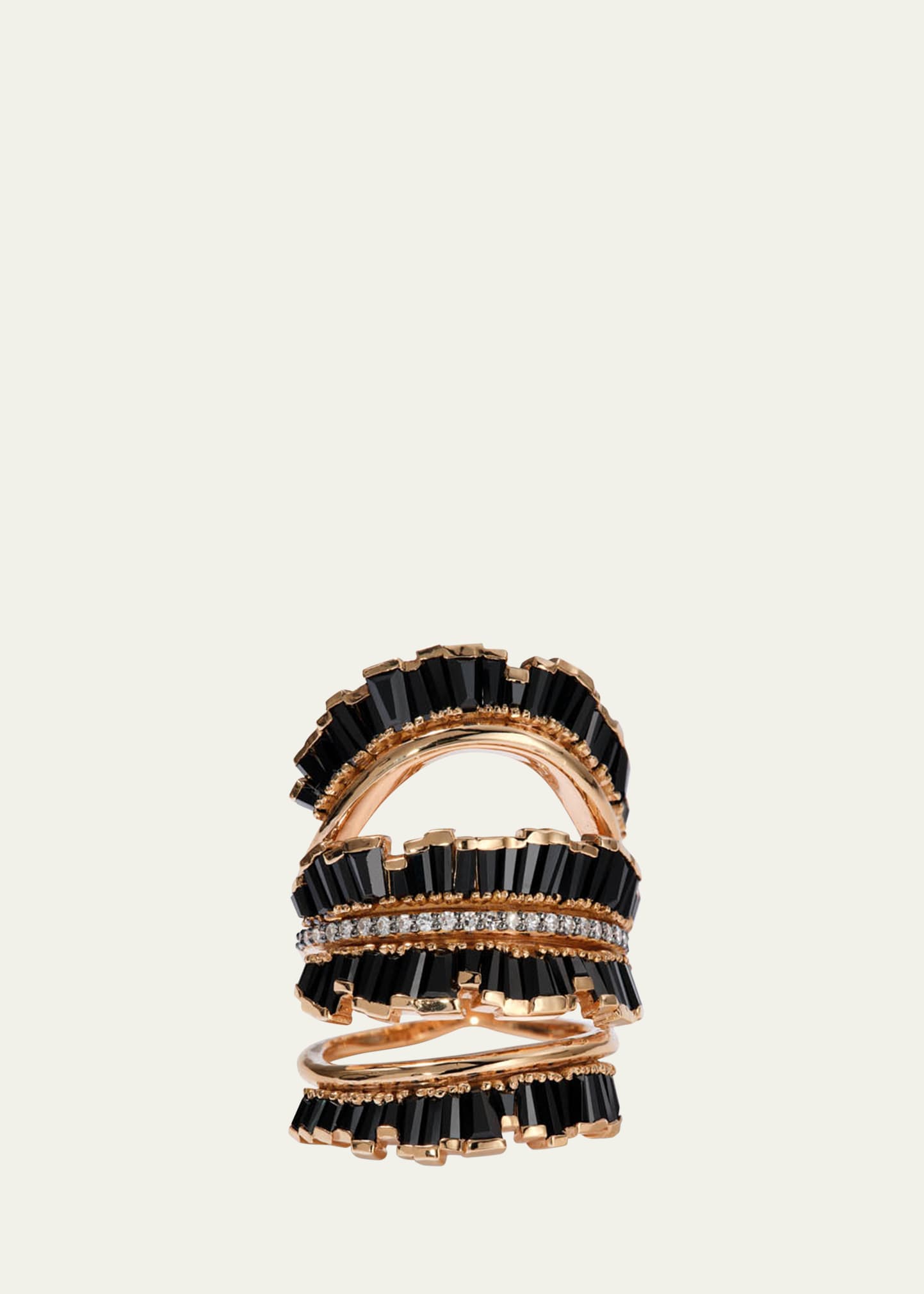 20K Rose Gold Triple Ruched Ribbon Ring with Black Spinell and White Diamonds