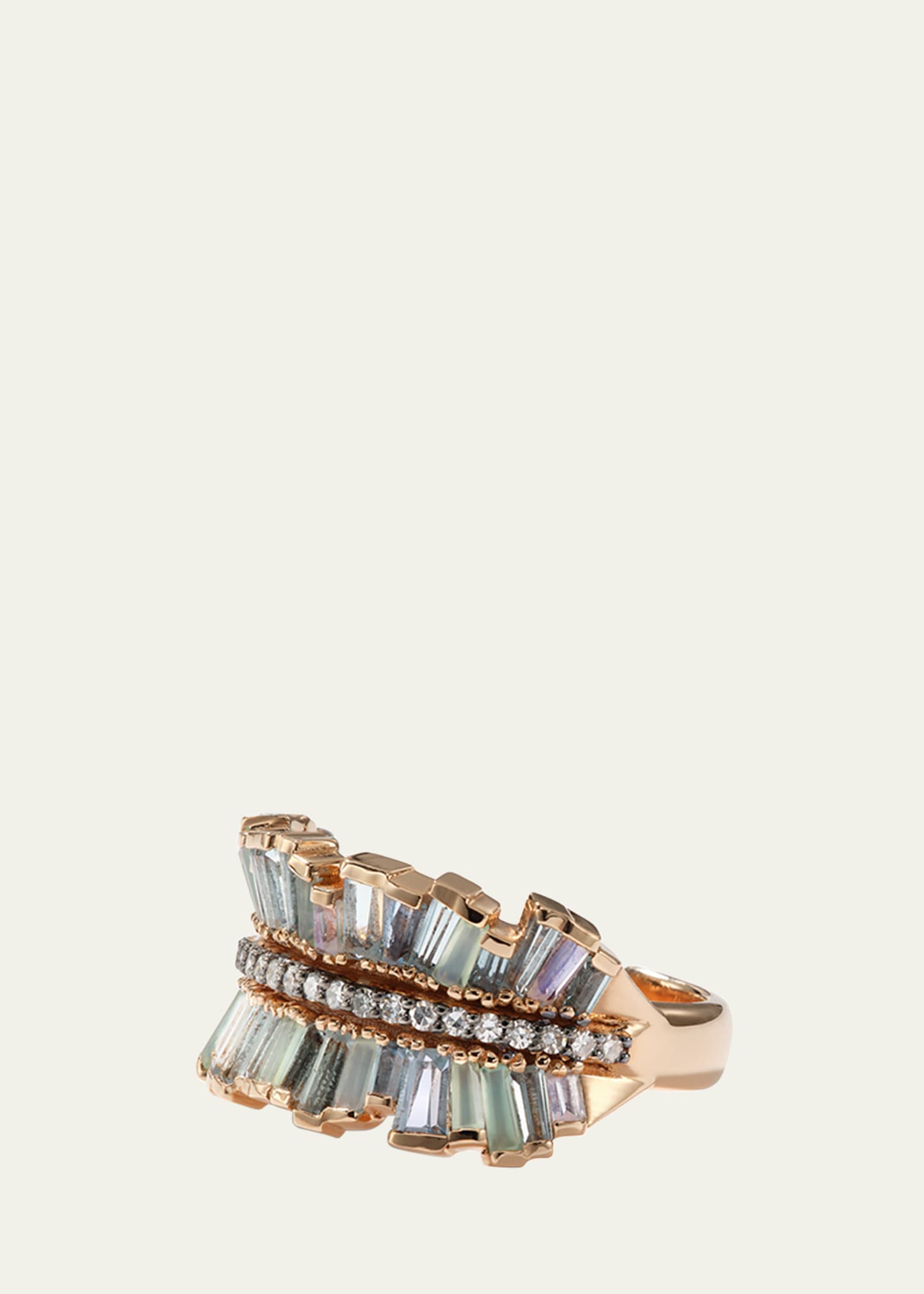 20K Rose Gold Double Ruched Ribbon Ring with Aquamarine, Peruvian Opal, Blue Moonstone and Diamonds
