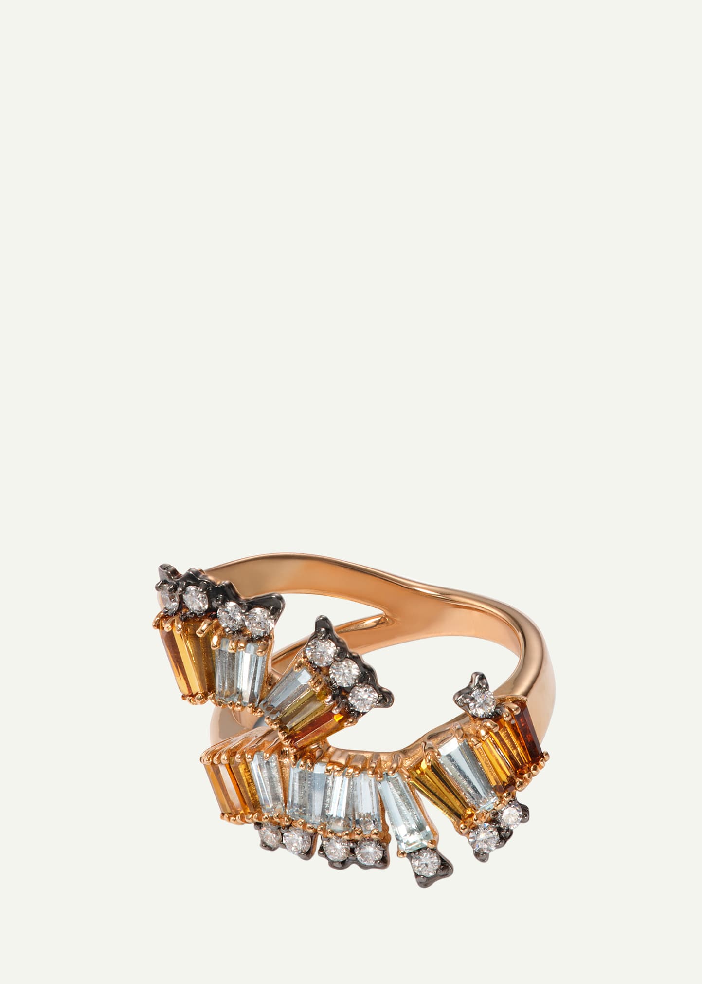 20K Rose Gold Y Ruched Ring with White Diamonds, Golden Tourmaline and Aquamarine