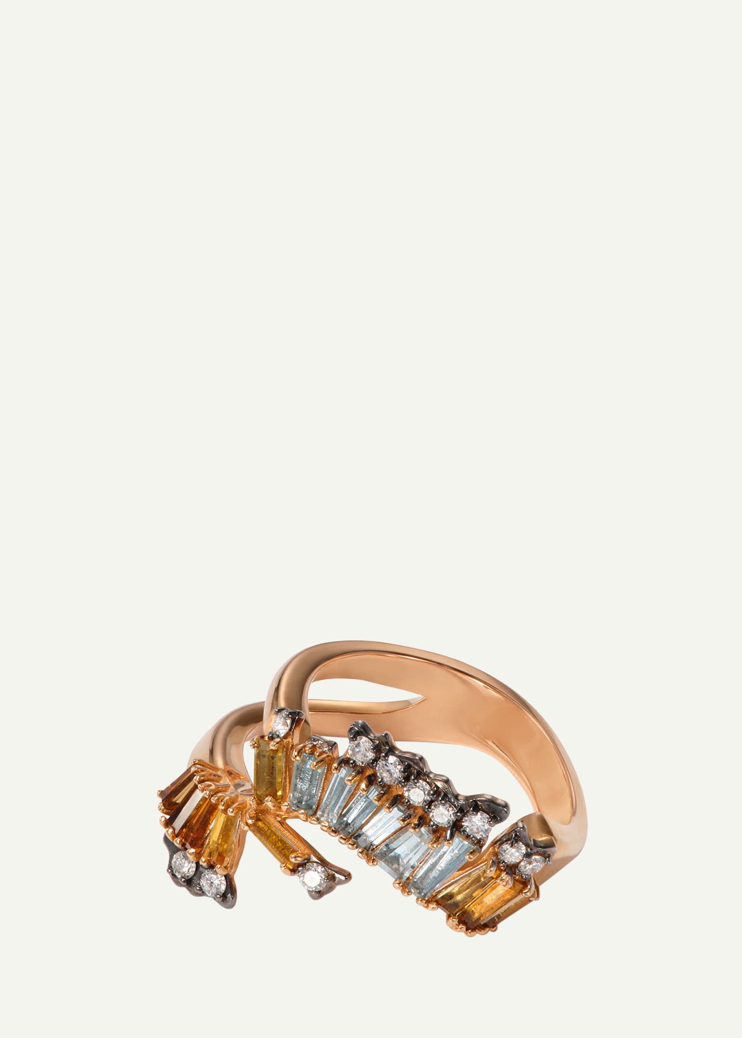 20K Rose Gold Abstra Ruched Ring with White Diamonds, Aquamarine and Golden Tourmaline