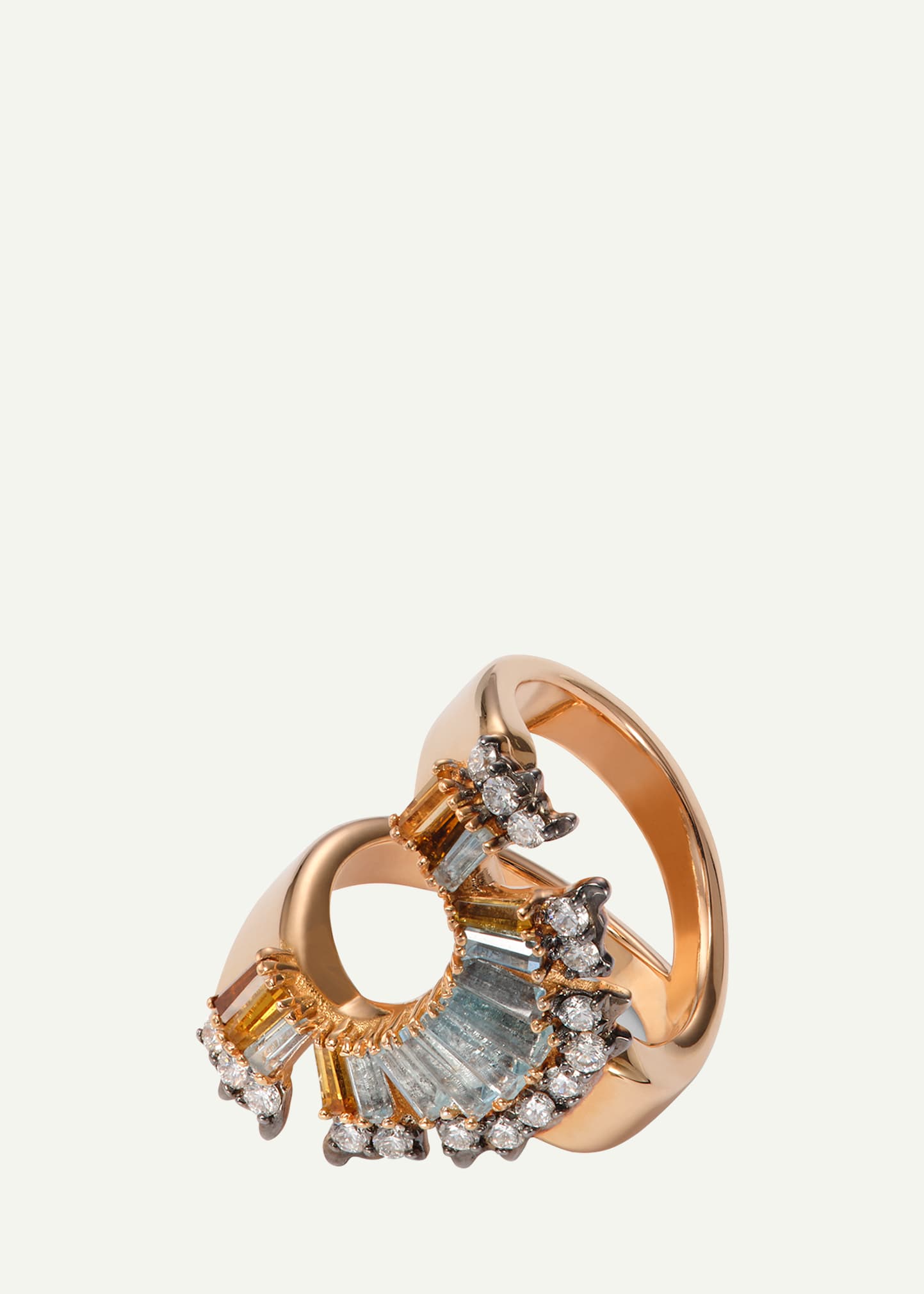 20K Rose Gold C Ruched Ring with White Diamonds, Aquamarine and Golden Tourmaline