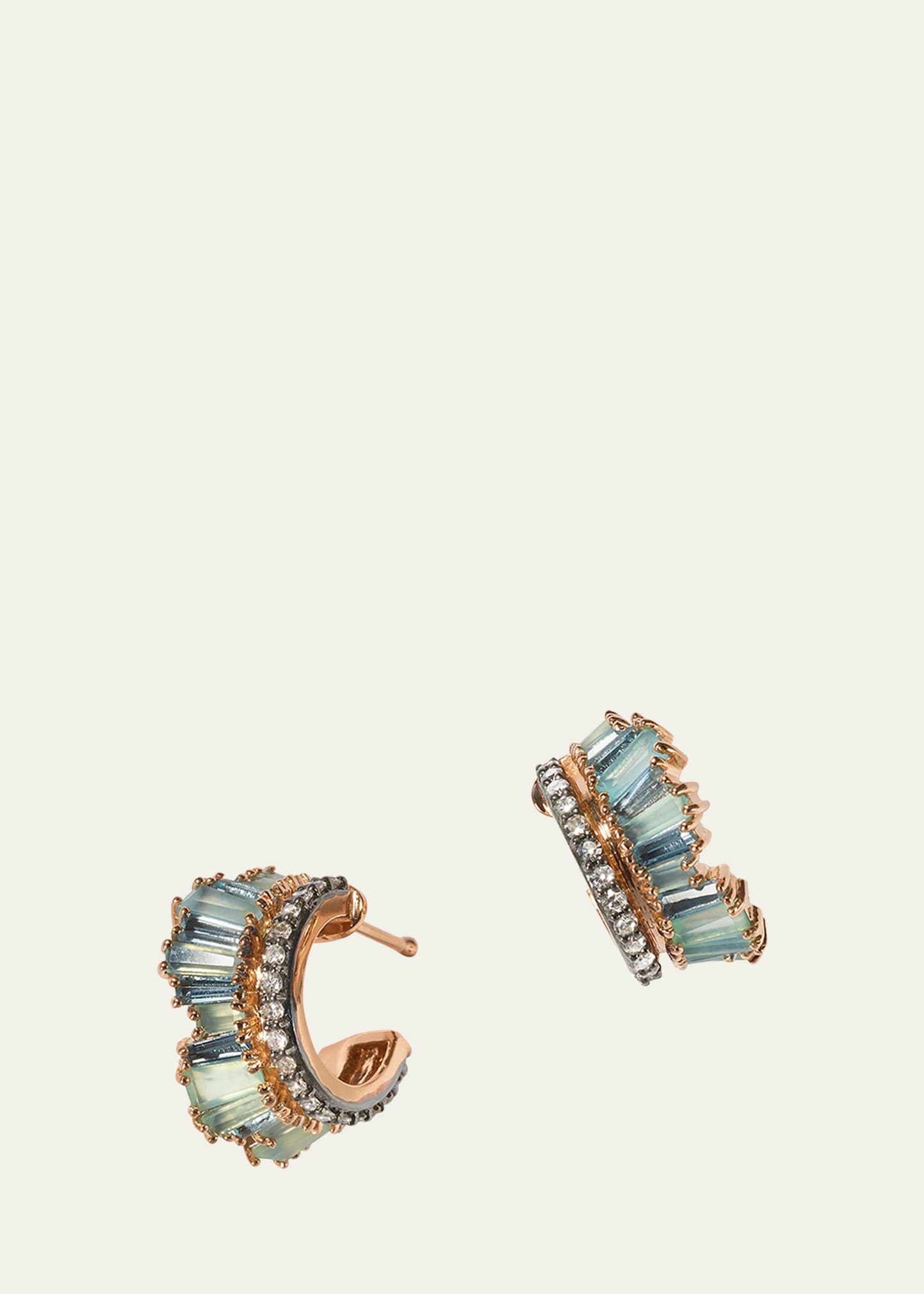 20K Recycled Rose Gold Petite Ruched Hoop Earrings with Blue Peruvian Opal, Aquamarine and White Diamonds