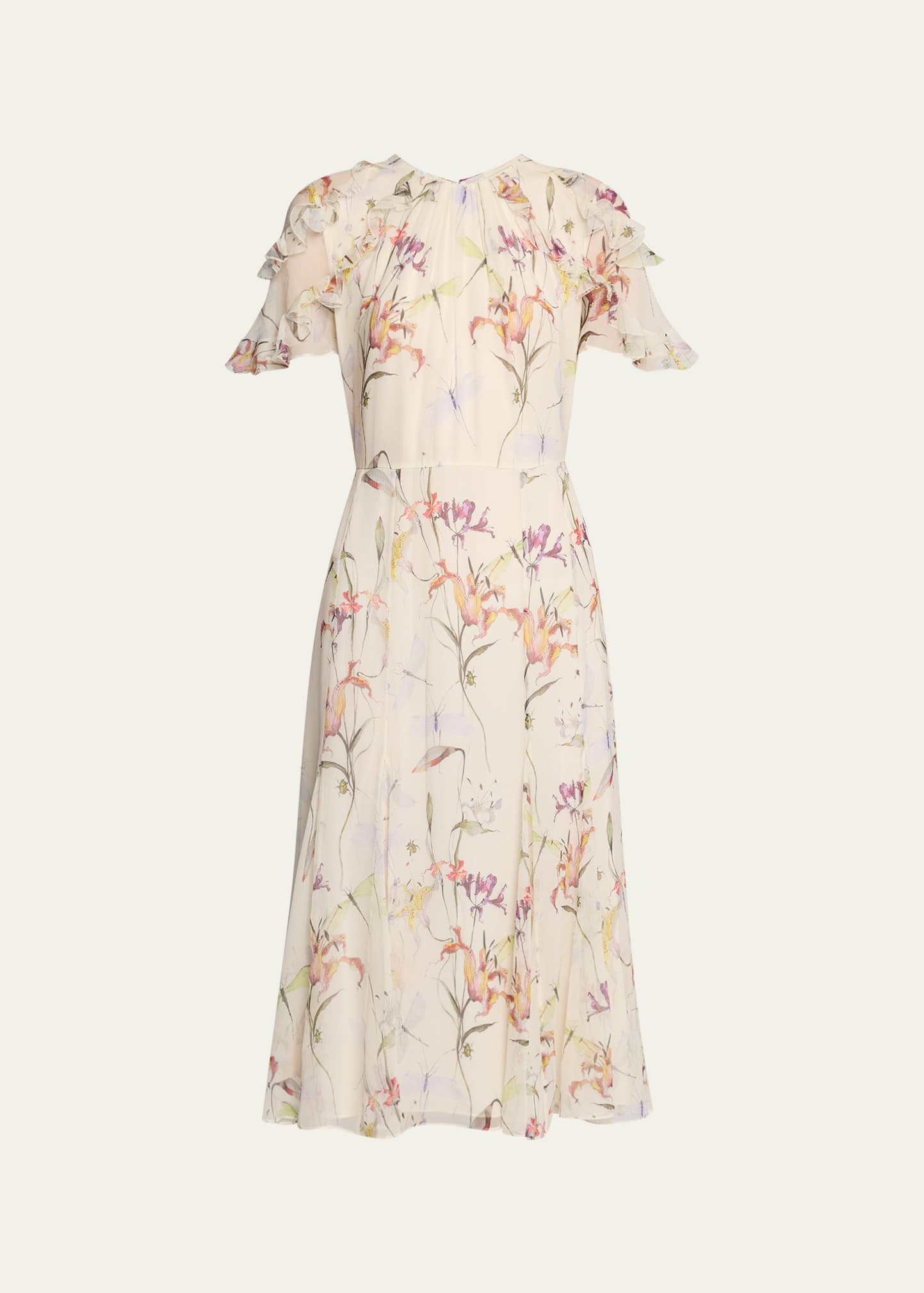 Jason Wu Collection Floral Flutter-sleeve Chiffon Day Dress In Flax Multi