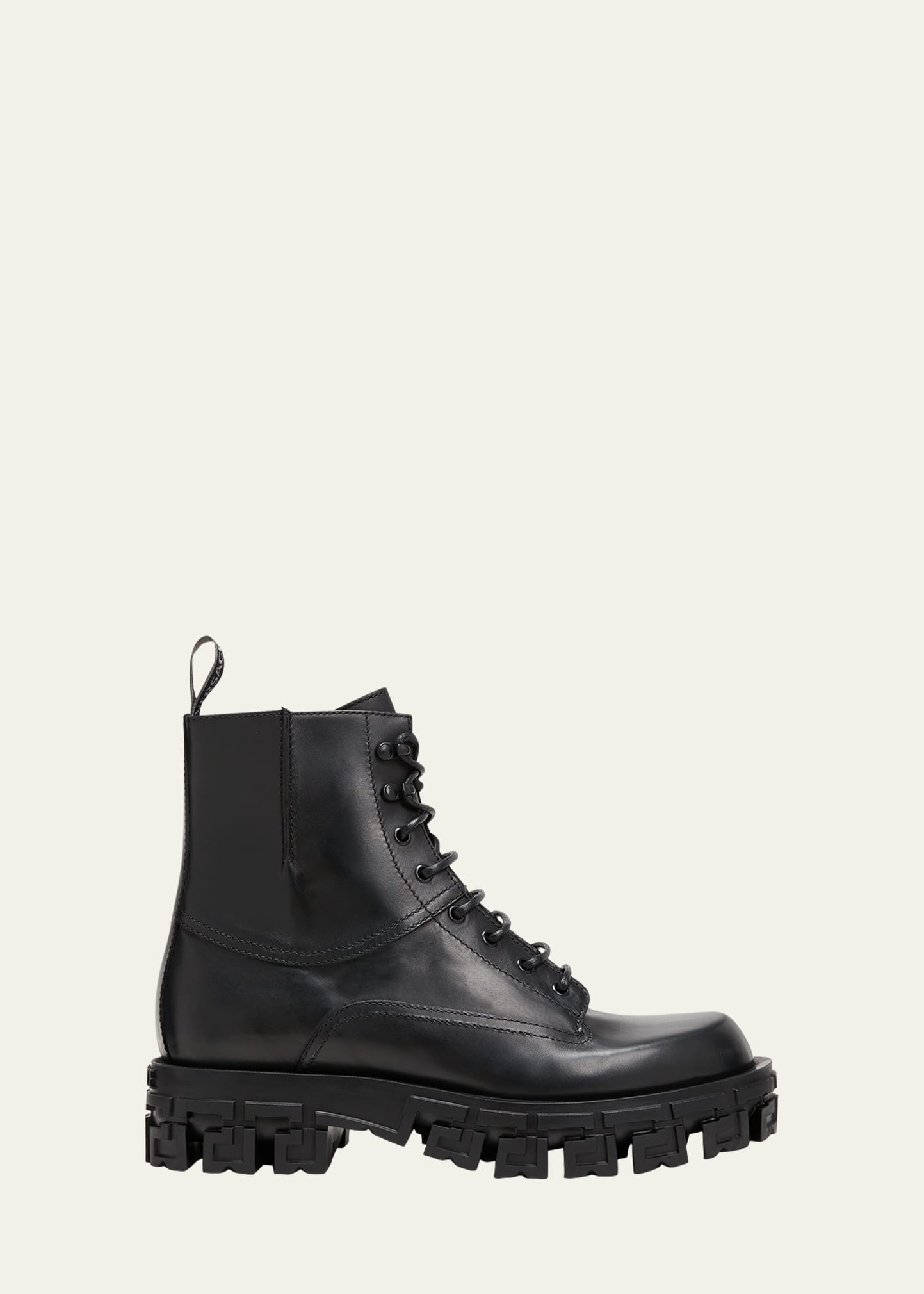 Versace Men's Greca-sole Leather Combat Boots In Black