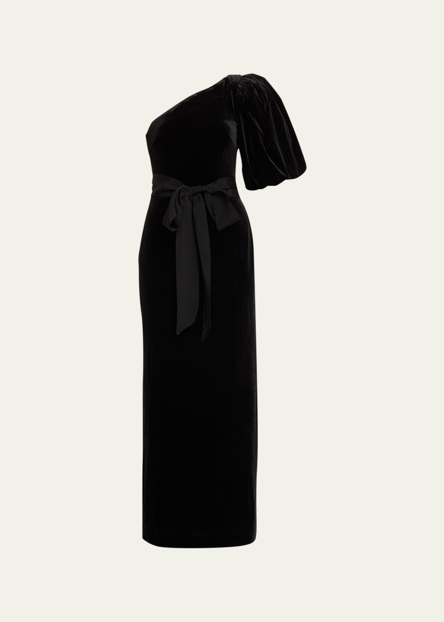 Cara Cara Lucia Bubble-sleeve Tie-sash Long Velvet Dress In Black