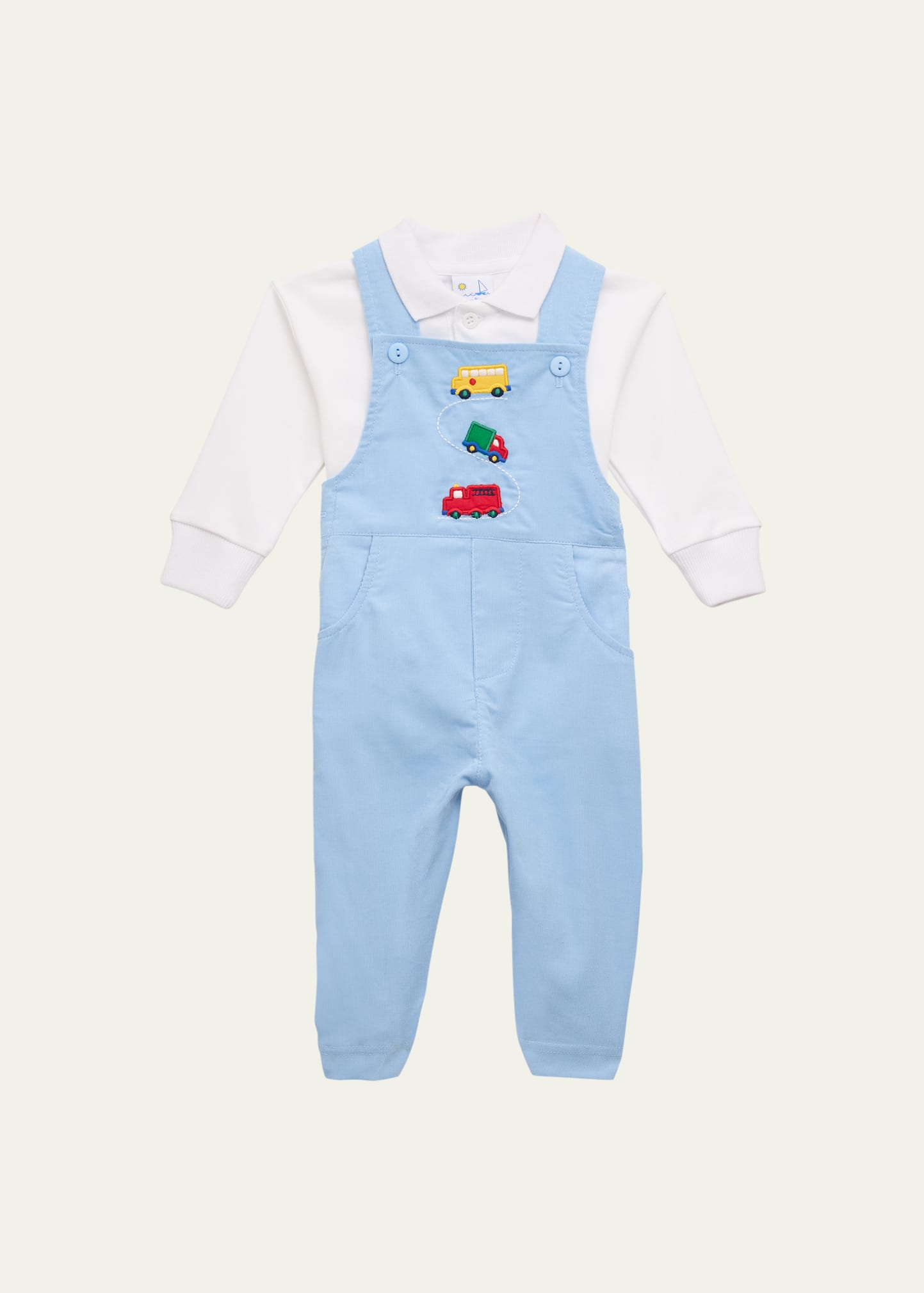 Boy's Embroidered Overalls W/ Polo Shirt, Size 6M-24M