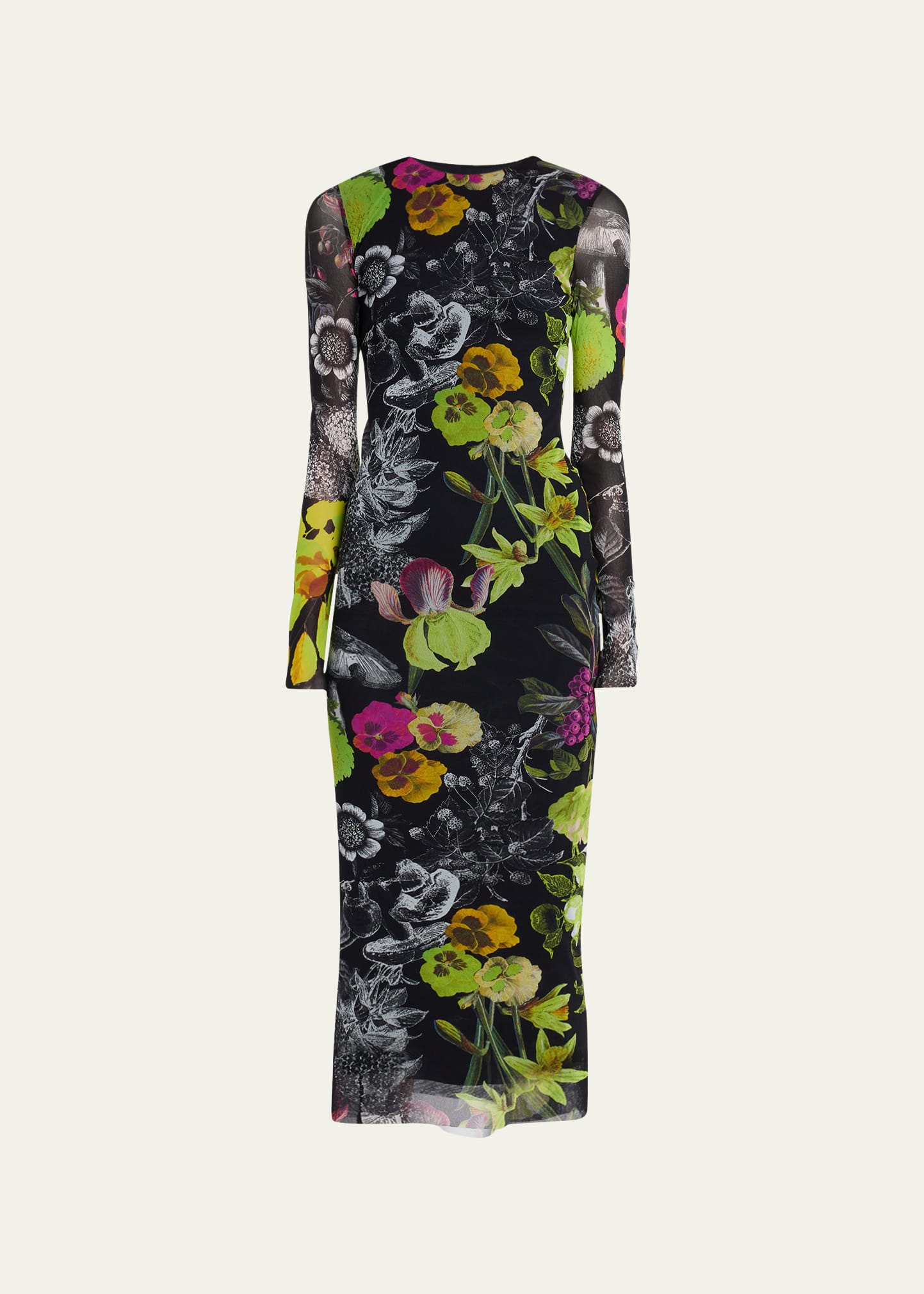 Long-Sleeve Floral-Print Tulle Midi Dress
