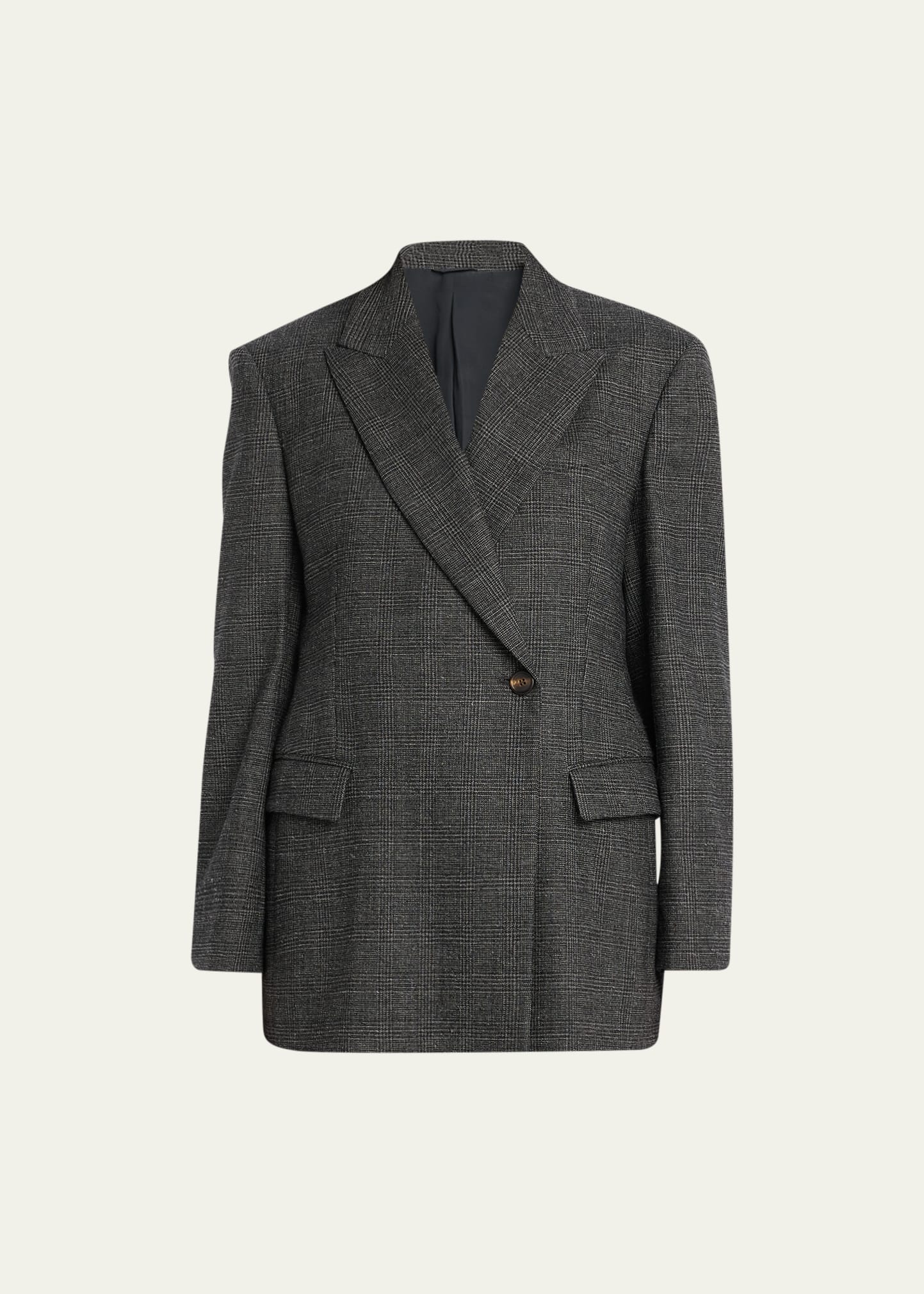 Brunello Cucinelli Plaid Asymmetric Button Wool Jacket In C001 Grey