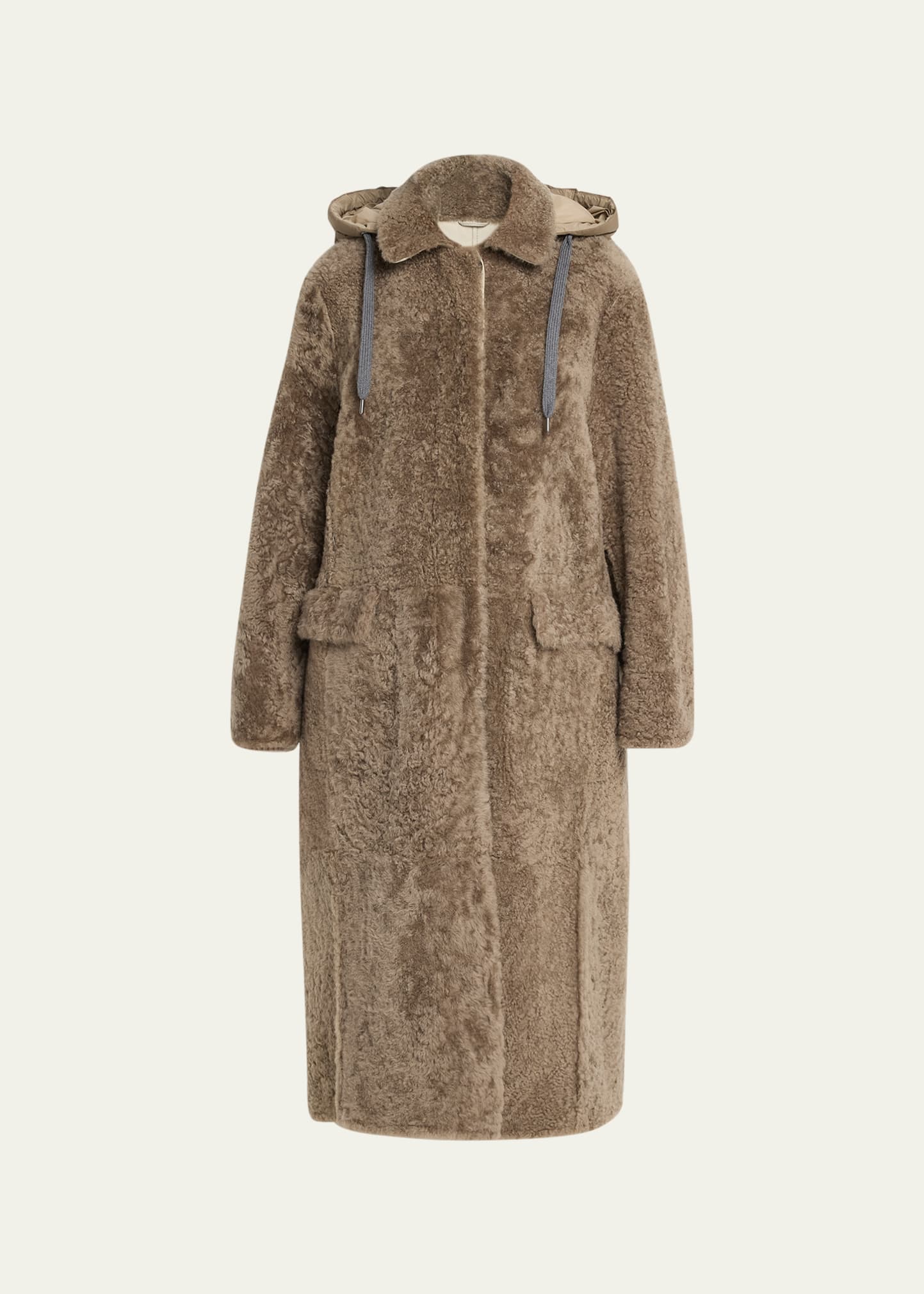 BRUNELLO CUCINELLI SHEARLING LONG COAT WITH DETACHABLE DRAWSTRING HOOD