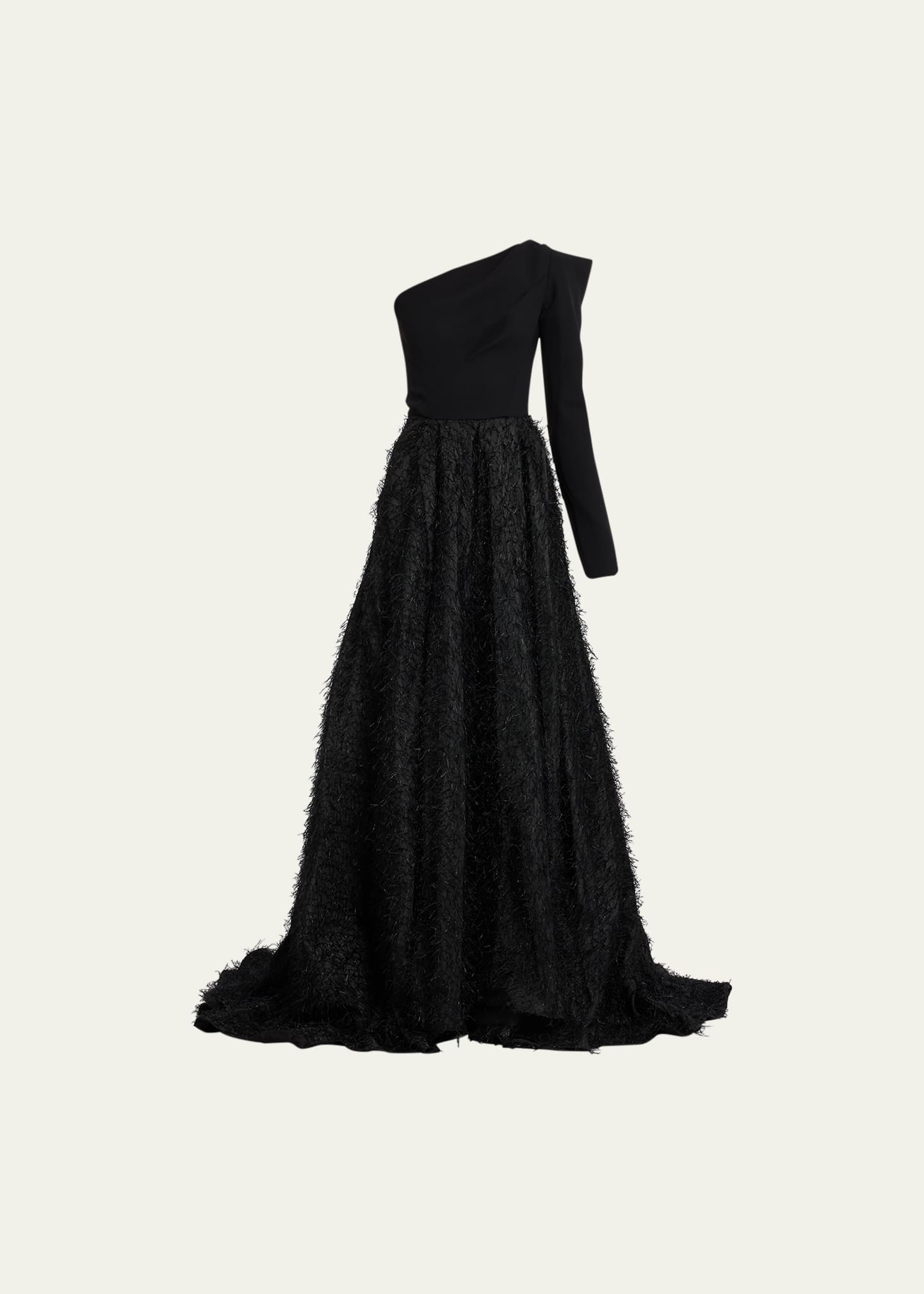 Maticevski Audacity Strong One-shoulder Long-sleeve Gown In Black Black Web