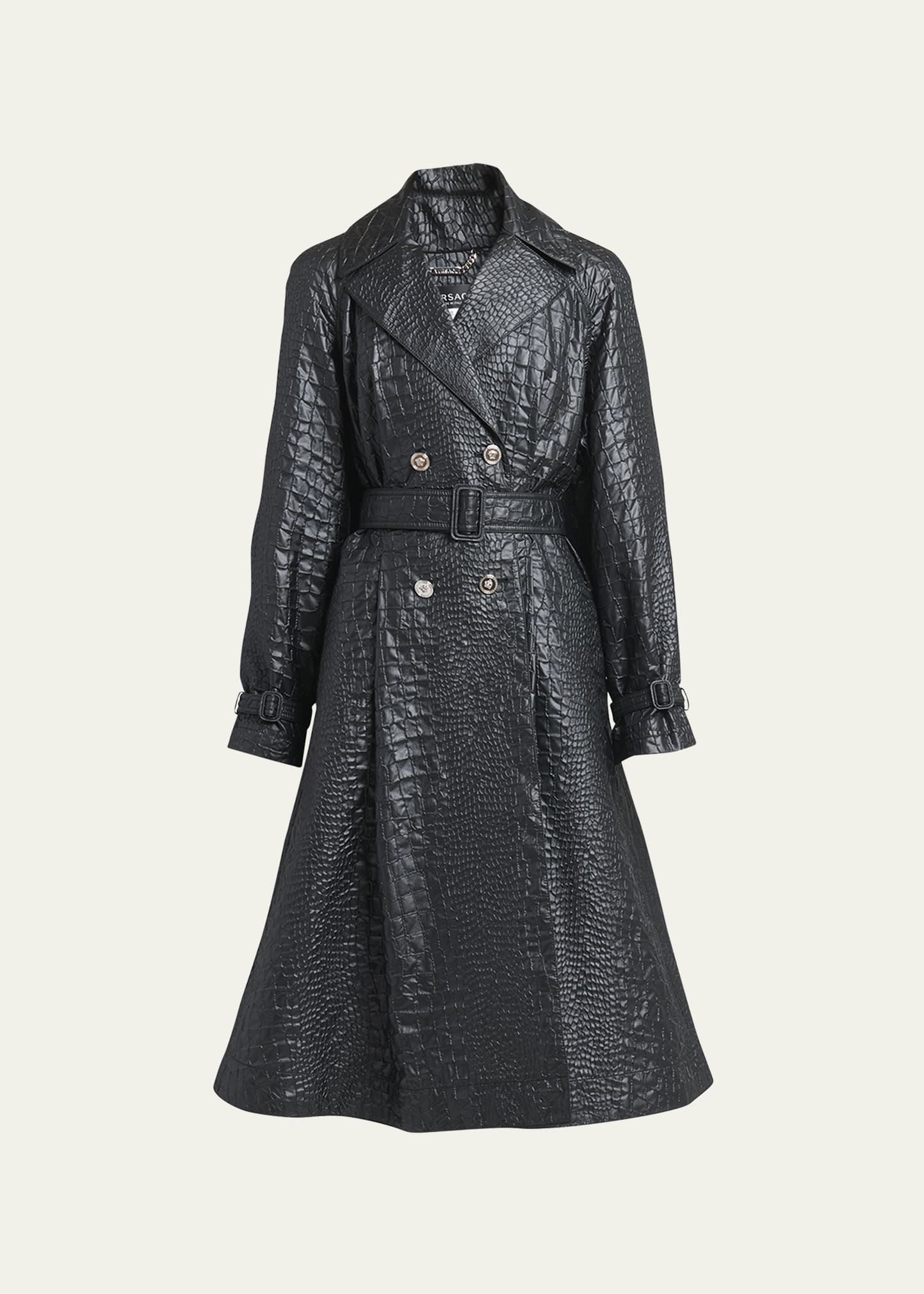 Shop Versace Belted Techno Lacquered Crocodile-coquet Trench Coat In Black