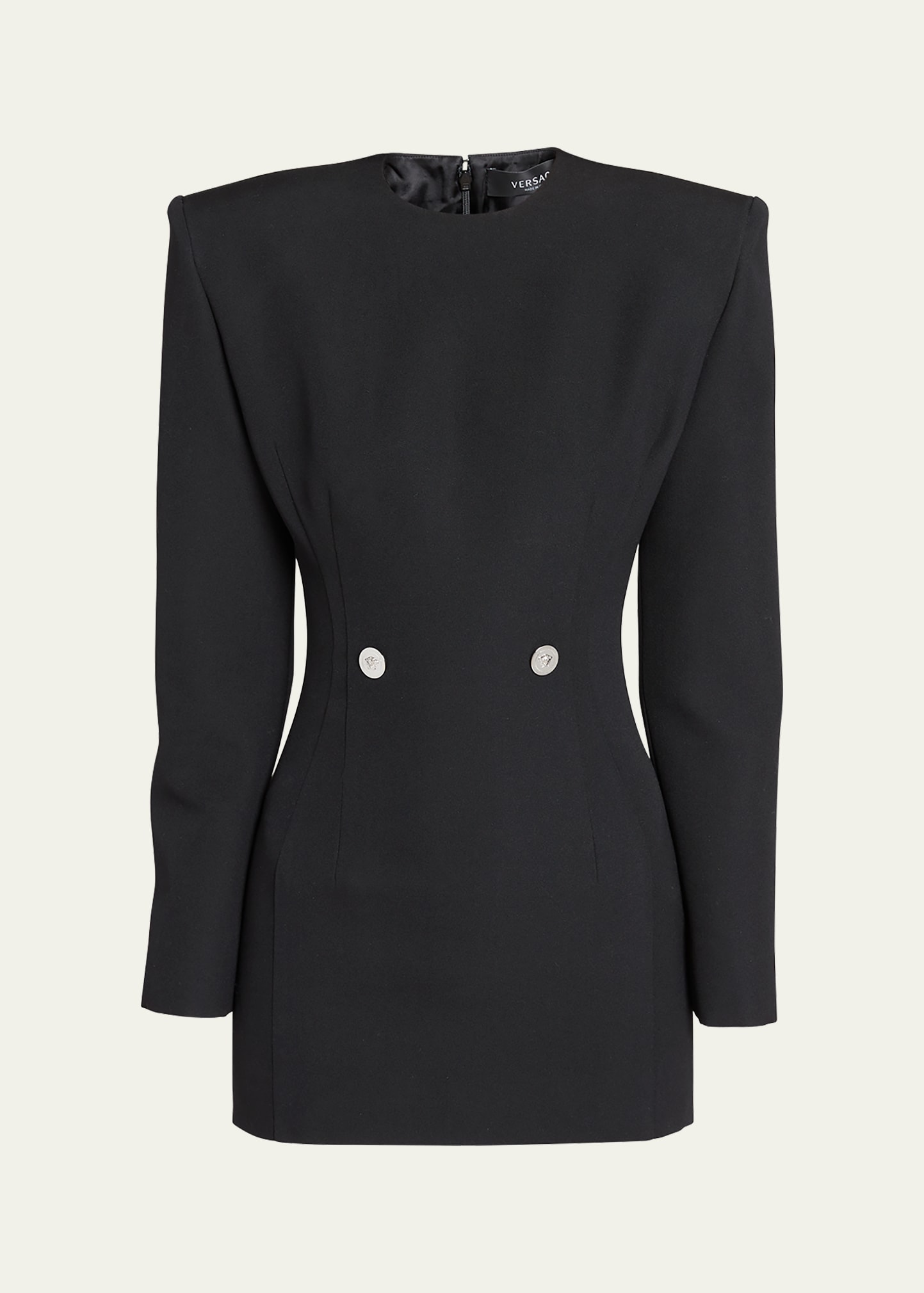 Shop Versace Strong-shoulder Grain De Poudre Mini Suit Dress In Black