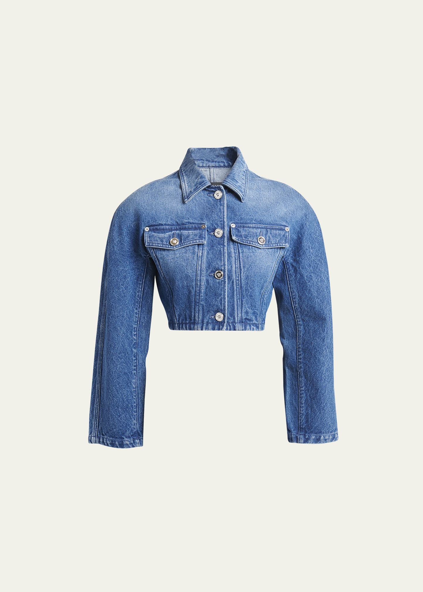 Versace Stone-washed Crop Denim Jacket In Medium Blue