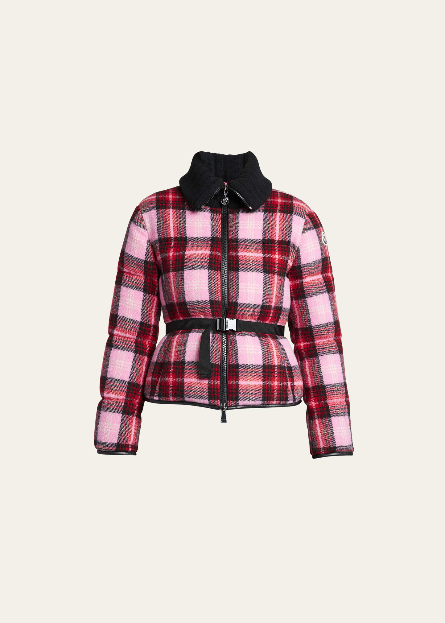 Moncler Zambeze Wool Check Belted Puffer Jacket In Pink