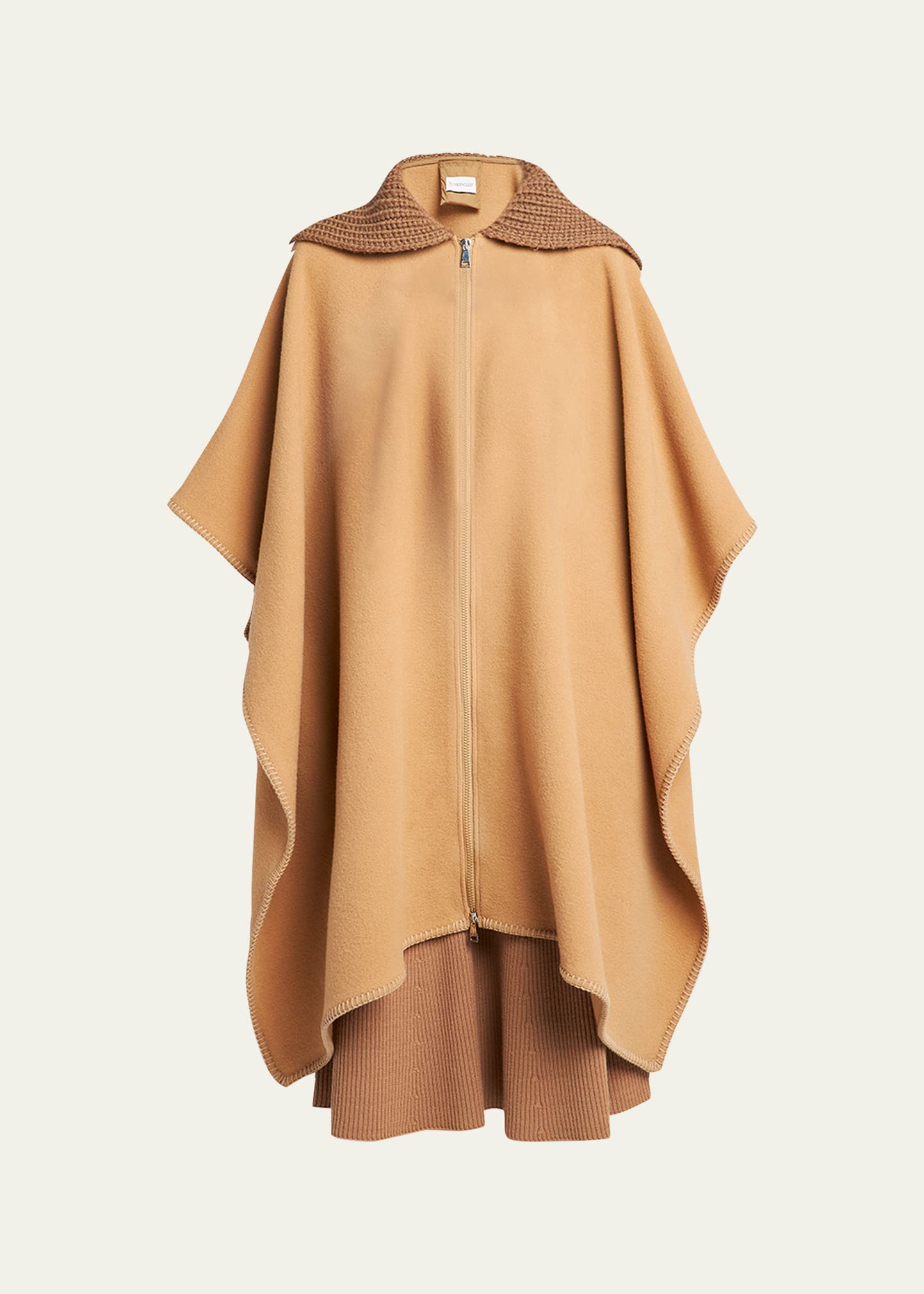 Shop Moncler Wool Long Cape With Knit Collar In Sand