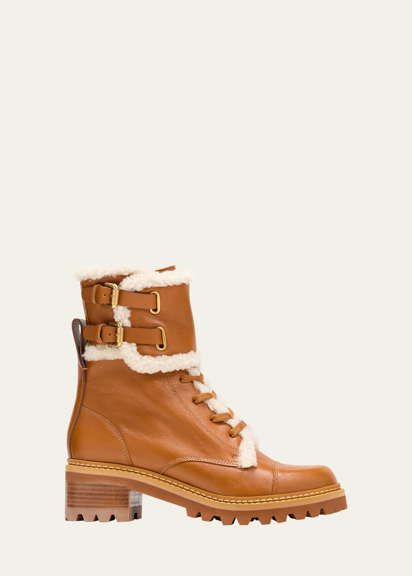 SEE BY CHLOÉ MALLORY BUCKLE-CUFF SHEARLING COMBAT BOOTS