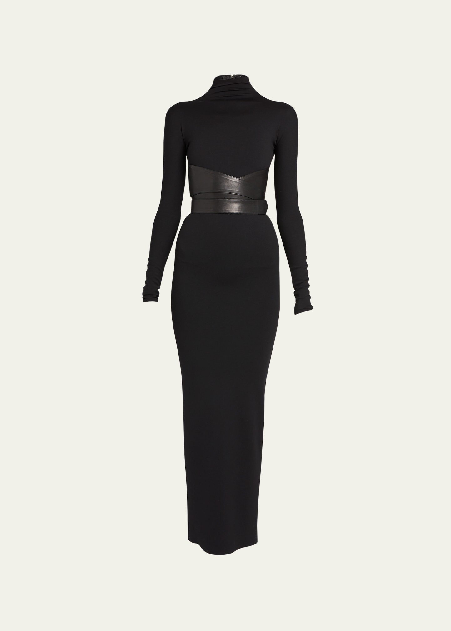 Shop Alaïa Turtleneck Maxi Dress With Wrap Leather Belt In Noir Alaia