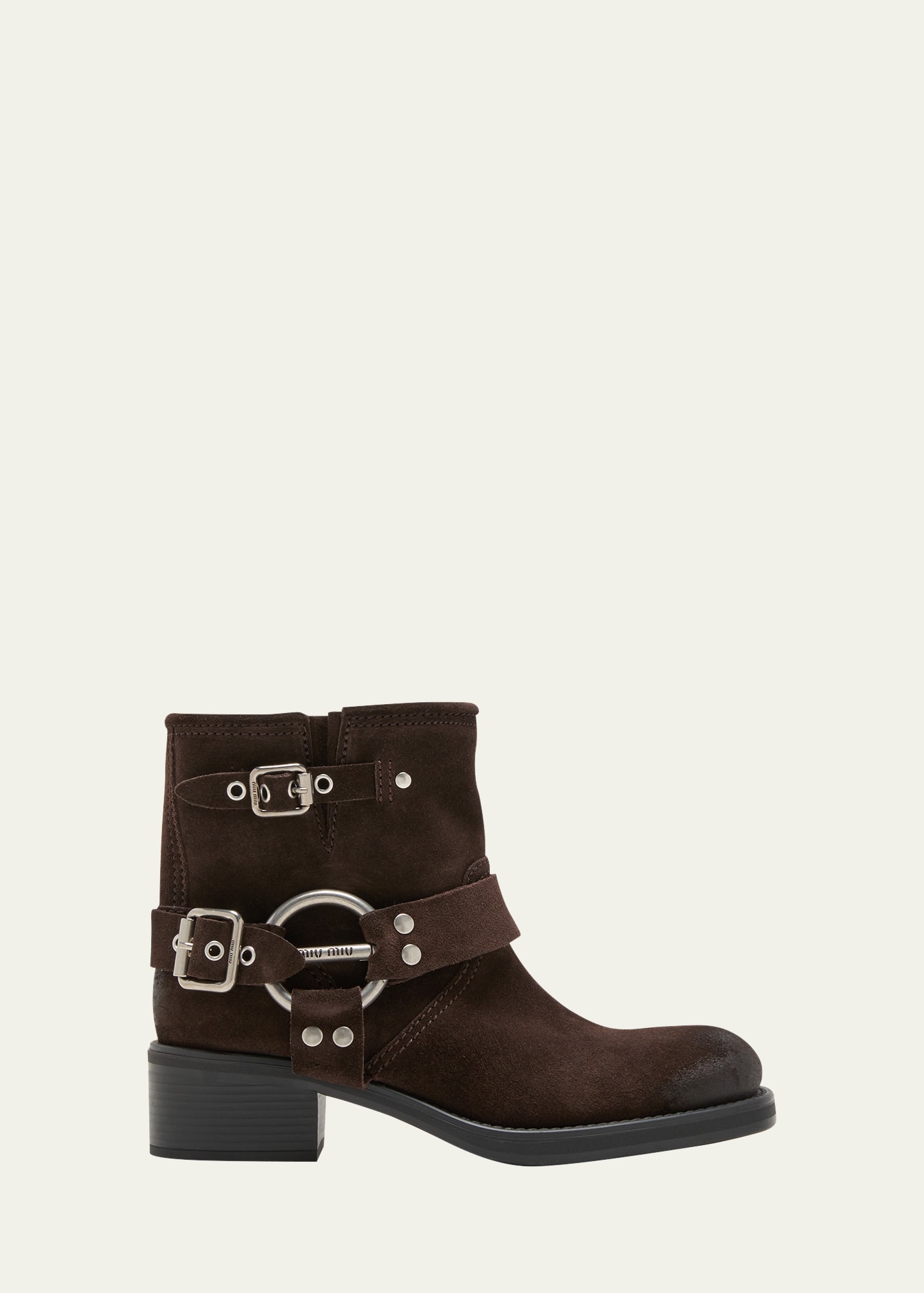 Miu Miu Suede Harness Biker Ankle Booties In Moro