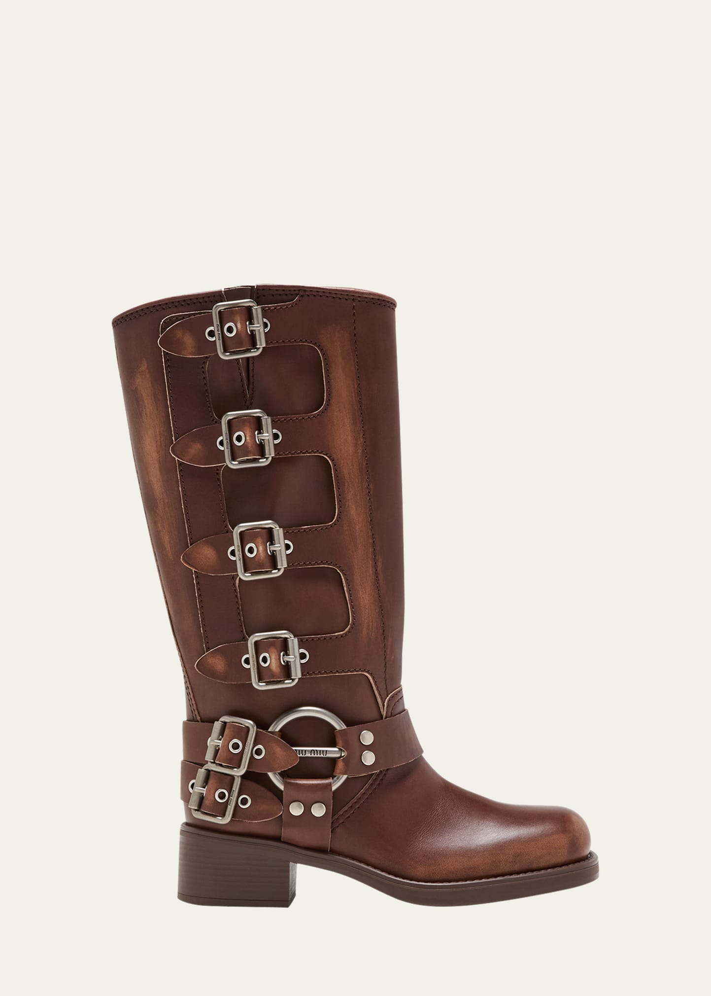 Shop Miu Miu Leather Harness Buckle Biker Boots In Bruciato