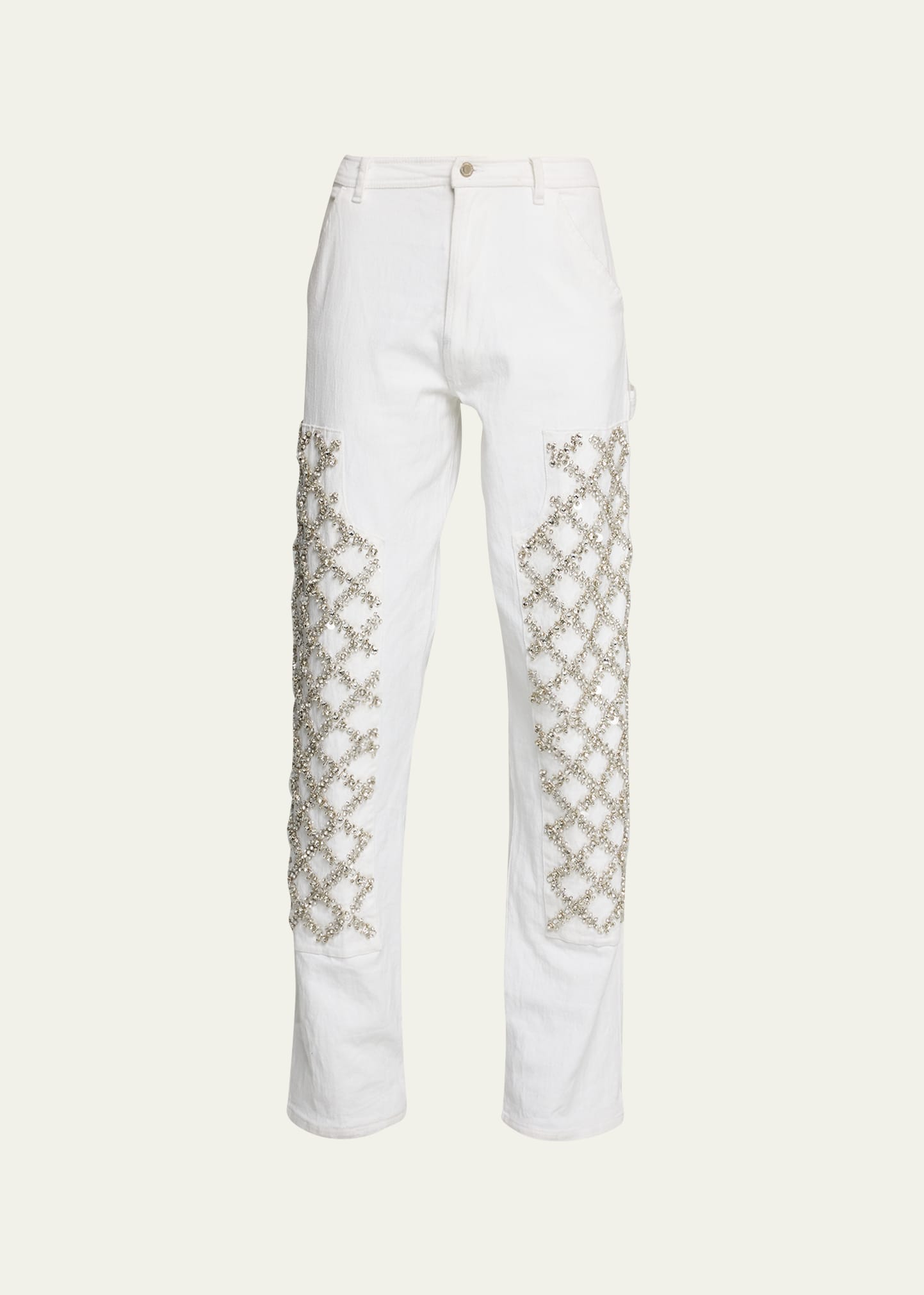 Des Phemmes Denim Crystal Embroidered Straight-leg Trousers In White