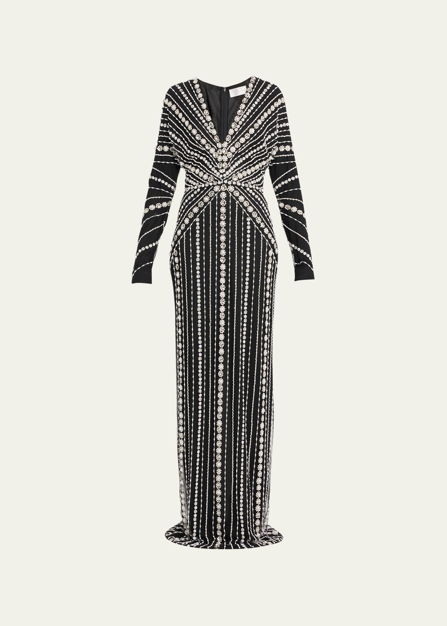 Pamella Roland Linear-embroidered Tulle Gown With Dolman Sleeves In Black/white