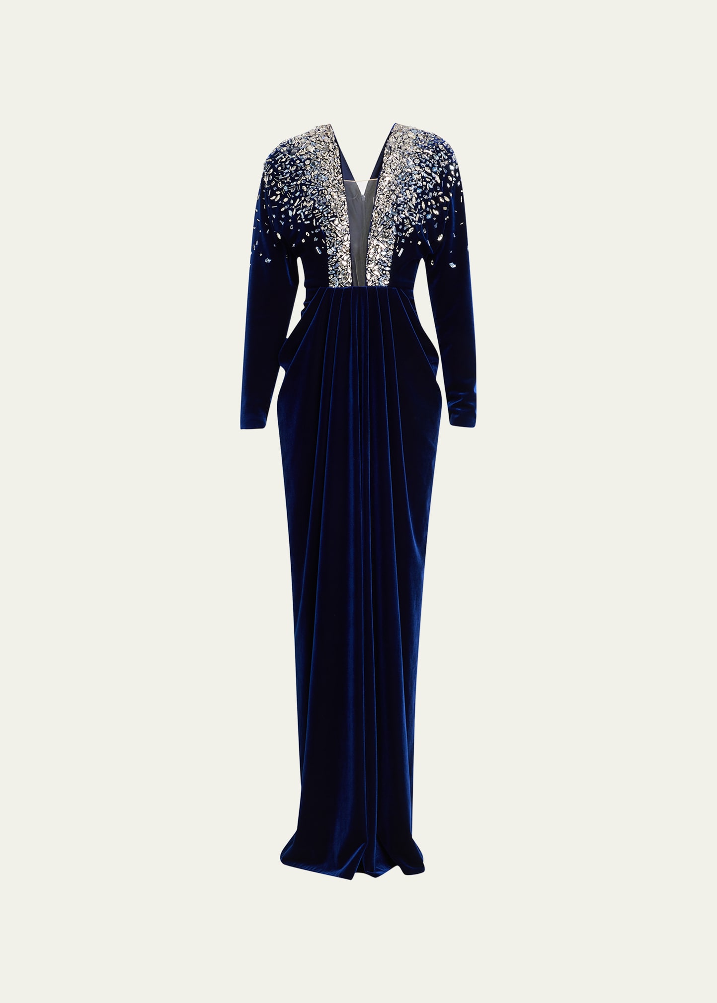 Draped Velvet Gown with Crystal Embroidered Neckline