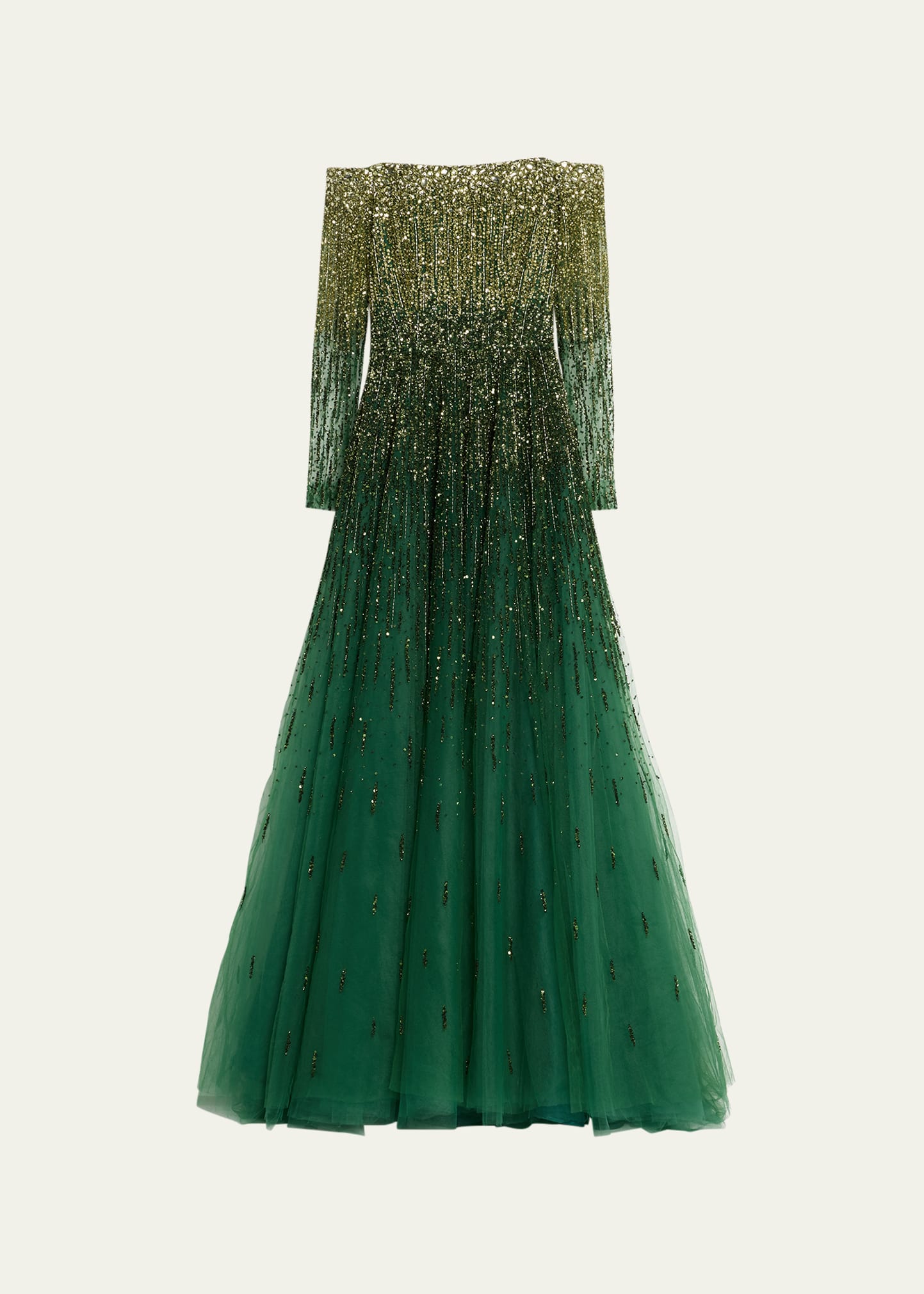 Pamella Roland Ombre Sequin Tulle Ballgown With Crystal Neckline In Emerald/multi