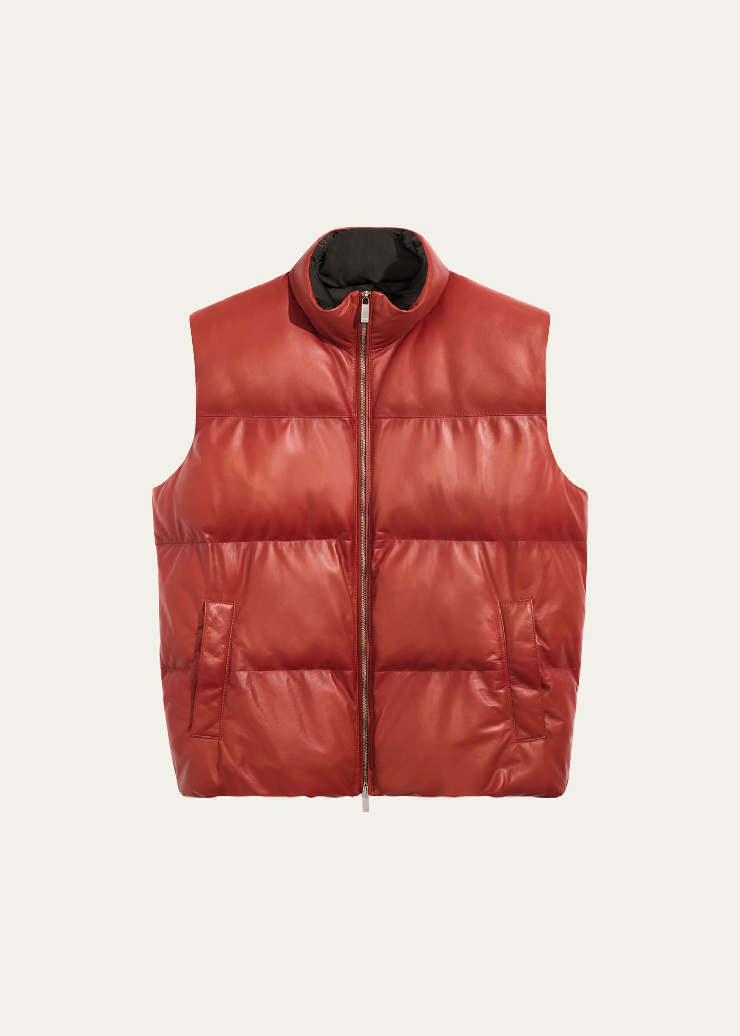 Berluti Men's Down Quilted Leather Full-zip Vest In Red Ocher