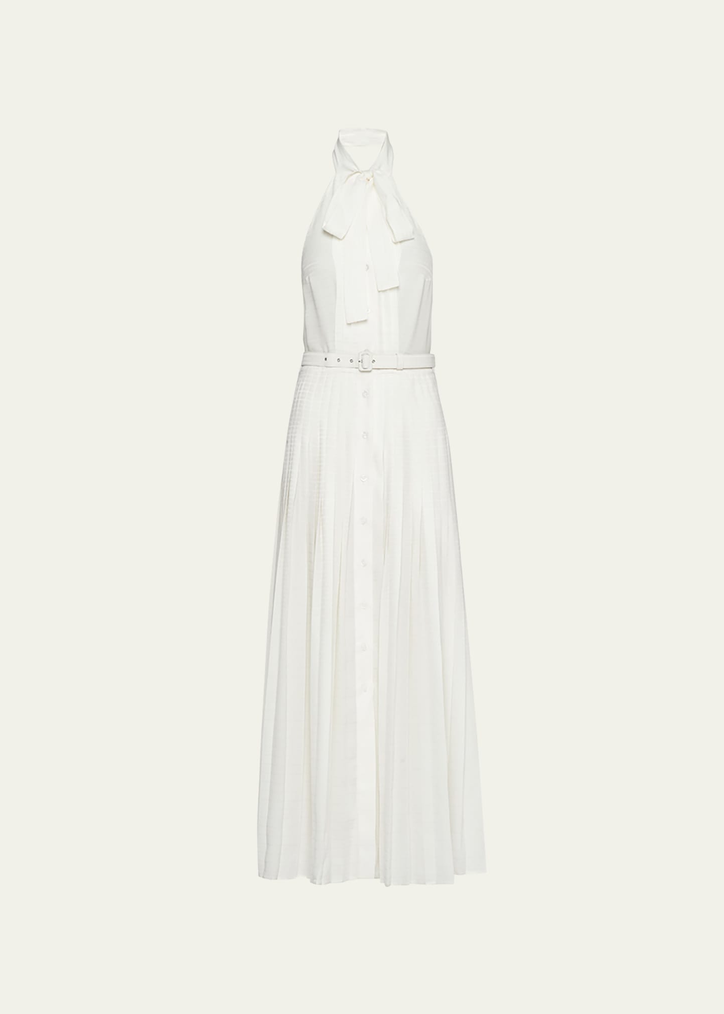 Prada Halter Pleated Silk Belted Dress In Bianco