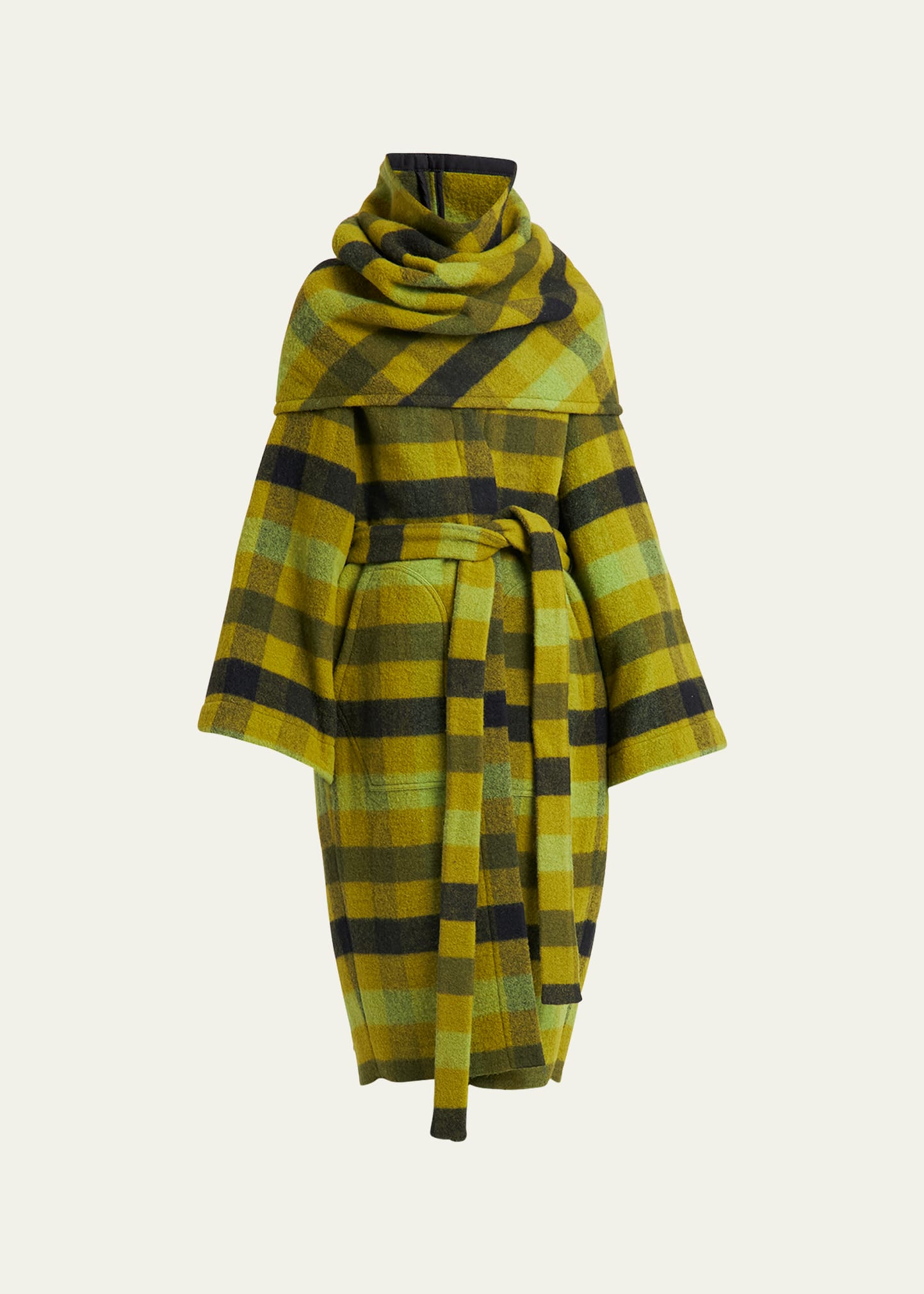 Rick Owens Plaid Dagger Robe Coat With Funnel Scarf In Acid Plaid
