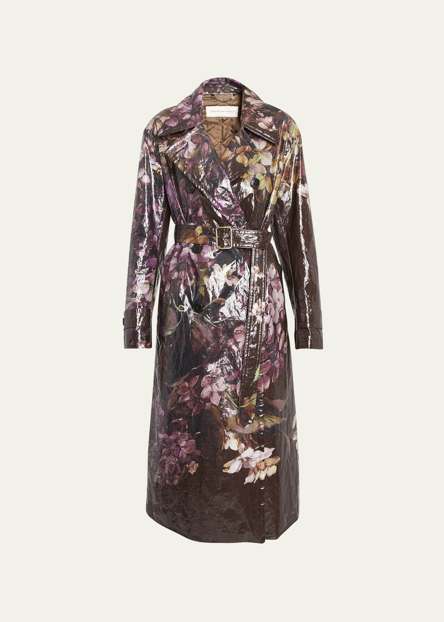 Ronas Floral Lacquered Double-Breasted Belted Trench Coat