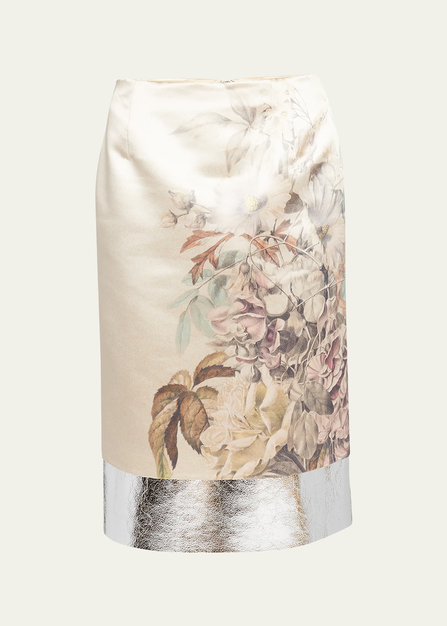 Salbina Floral-Print Midi Skirt with Metallic Leather Trim
