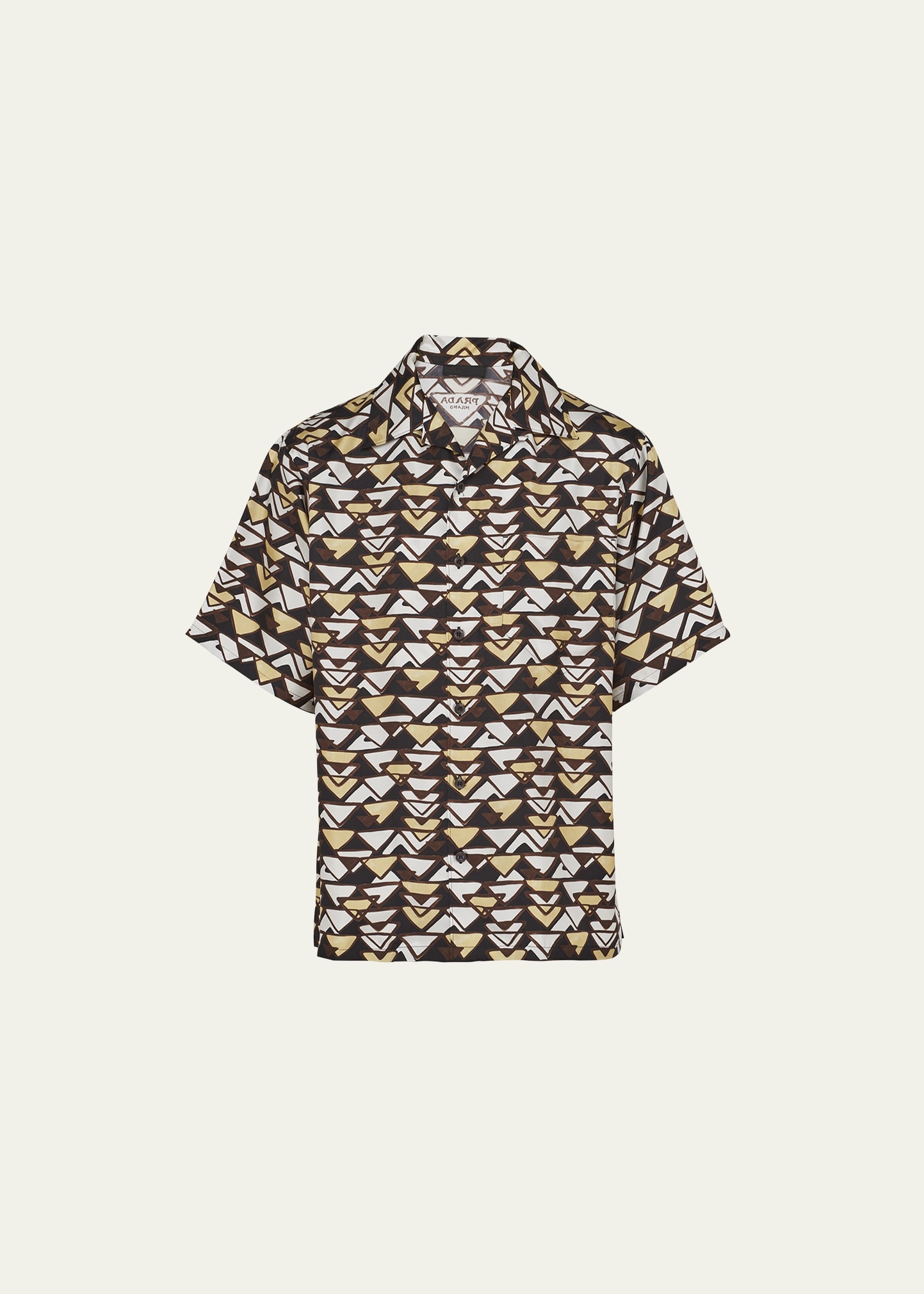 Shop Prada Men's Silk Geo-print Camp Shirt In Nero/vaniglia