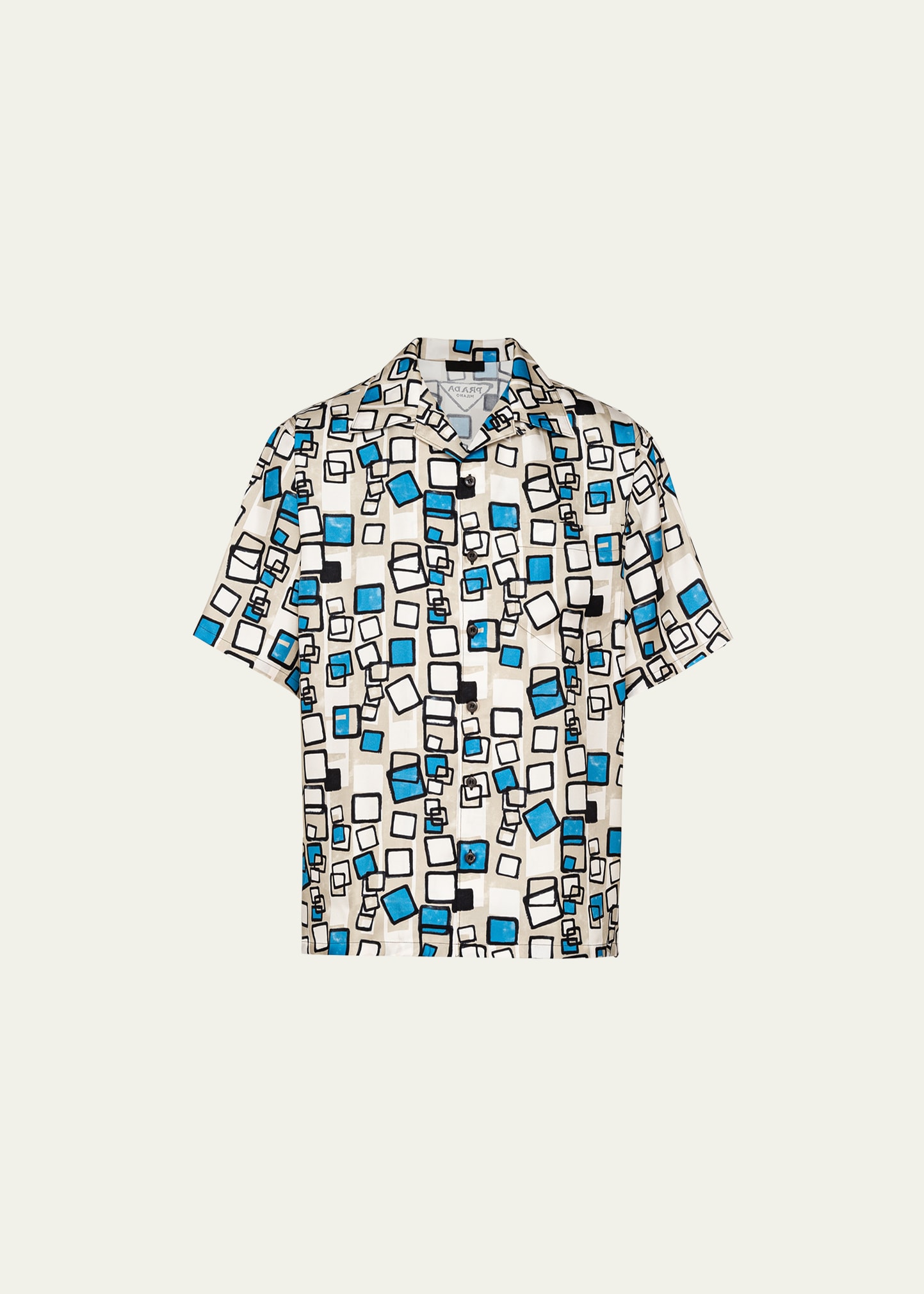 Shop Prada Men's Geometric Silk Camp Shirt In Calce/azzurro