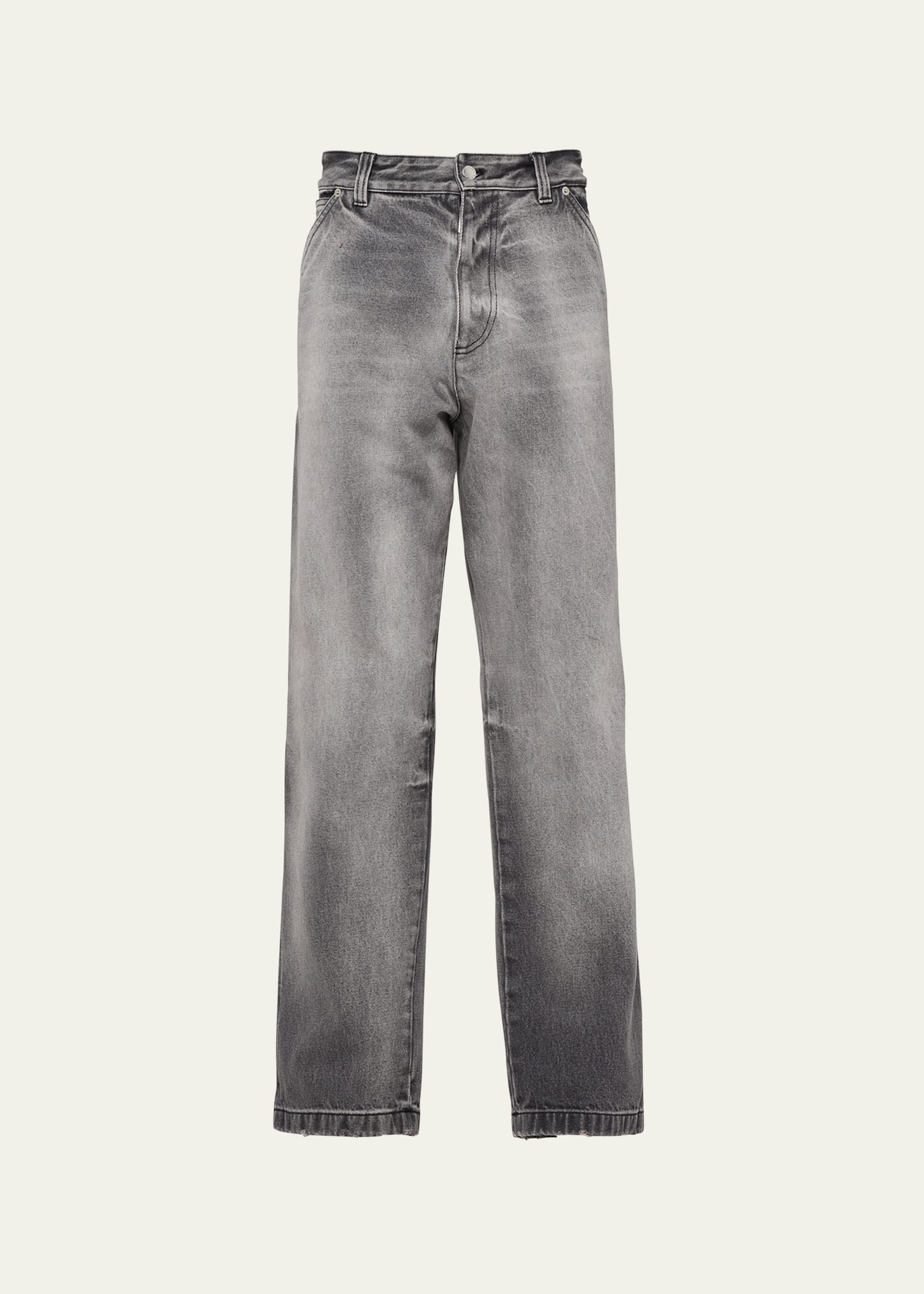 Shop Prada Men's Baggy Faded Triangle Logo Jeans In Grey