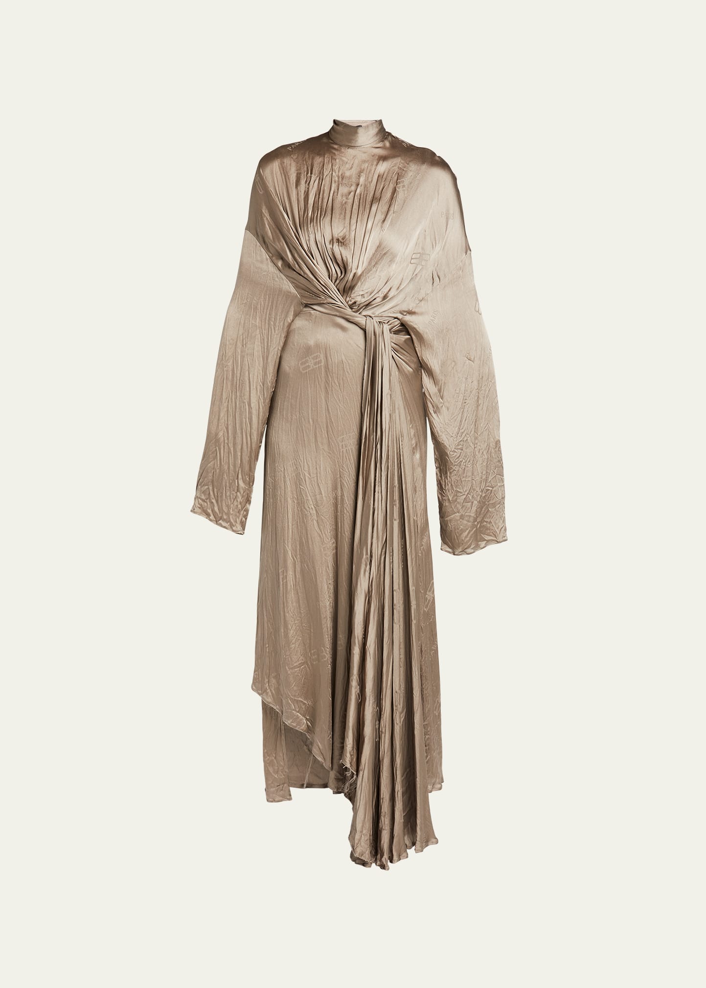 Shop Balenciaga Front Drape Bb Scarf-neck Silk Dress In Beige