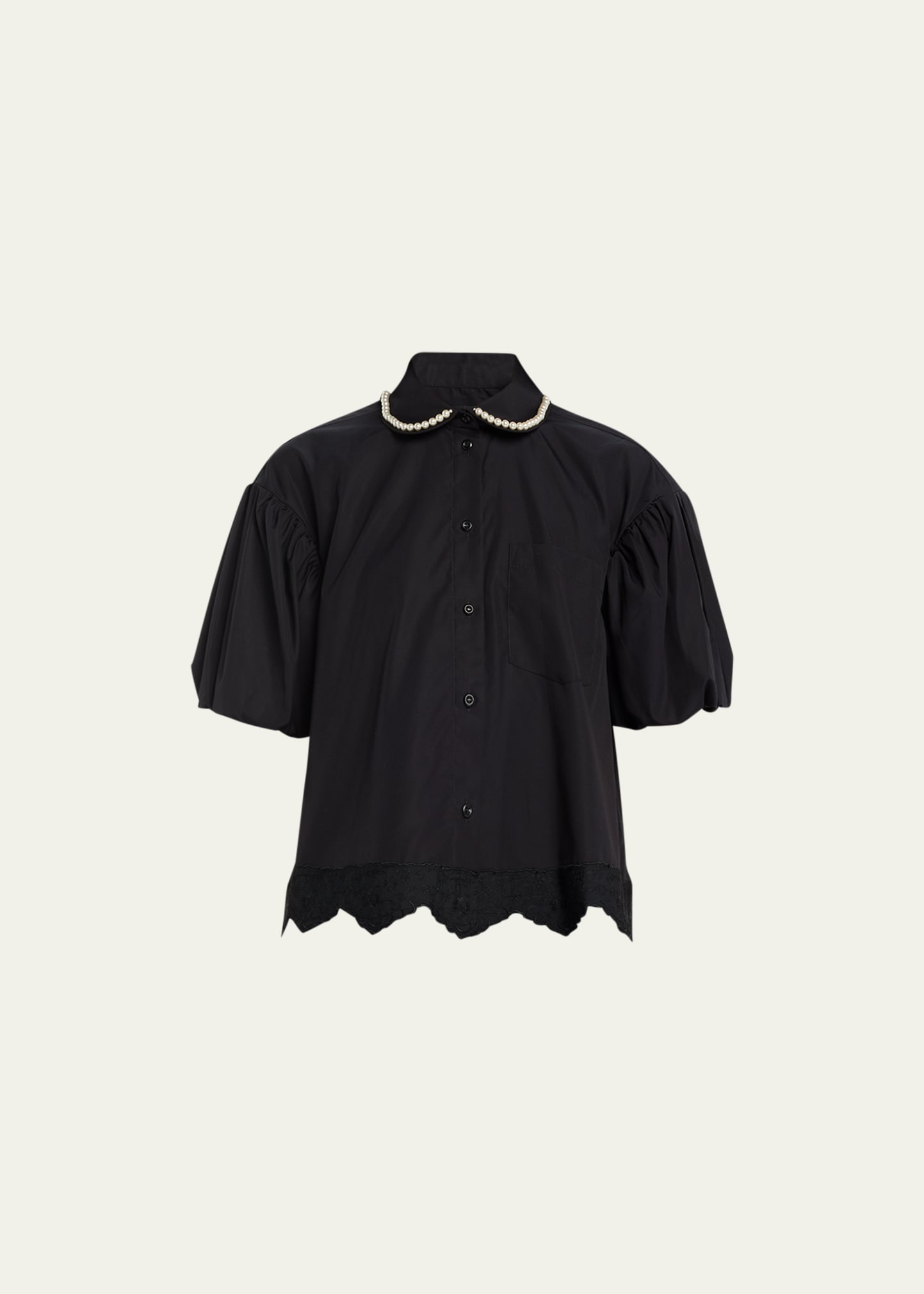 Simone Rocha Cropped Puff Sleeve Shirt With Embroidered Trim In Blackblackpearl