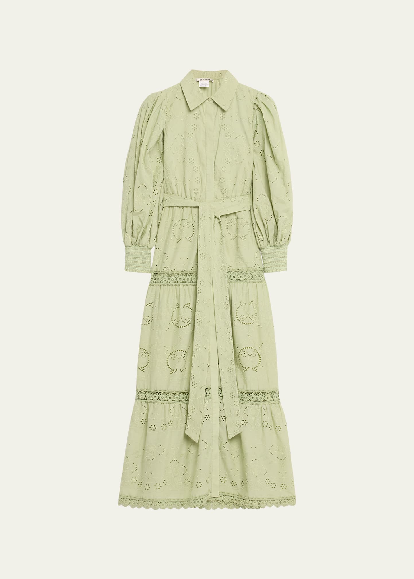 Alice And Olivia Lilly Embroidered Tiered Midi Dress In Green Tea
