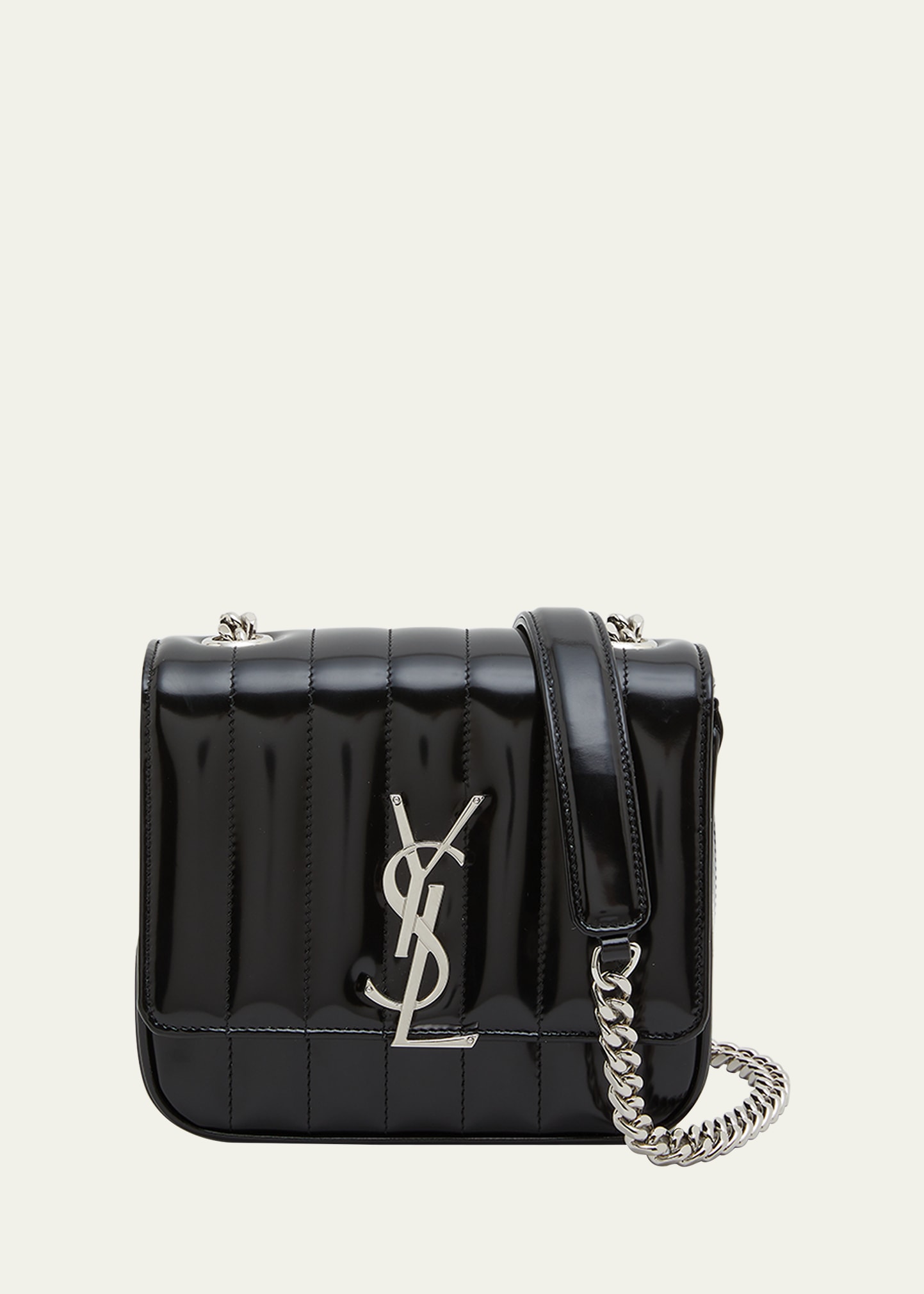 Saint Laurent Vicky Small Quilted Patent Chain Shoulder Bag In 1000 Nero